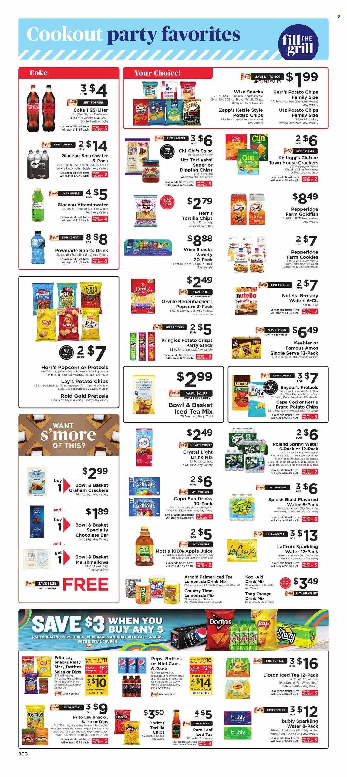 thumbnail - ShopRite Flyer - 05/21/2023 - 05/27/2023 - Sales products - pretzels, Bowl & Basket, oranges, Mott's, cheese, dip, spinach dip, cookies, graham crackers, marshmallows, wafers, Nutella, crackers, Kellogg's, Keebler, chocolate bar, Doritos, tortilla chips, potato crisps, potato chips, Pringles, chips, Lay’s, Smartfood, popcorn, Goldfish, Frito-Lay, Tostitos, salty snack, salsa, apple juice, Capri Sun, Coca-Cola, lemonade, Mountain Dew, Schweppes, Sprite, Powerade, Pepsi, juice, Fanta, energy drink, Lipton, fruit drink, ice tea, soft drink, Country Time, Coke, spring water, flavored water, sparkling water, Smartwater, water, powder drink, Pure Leaf, cider, XTRA, Half and half. Page 8.