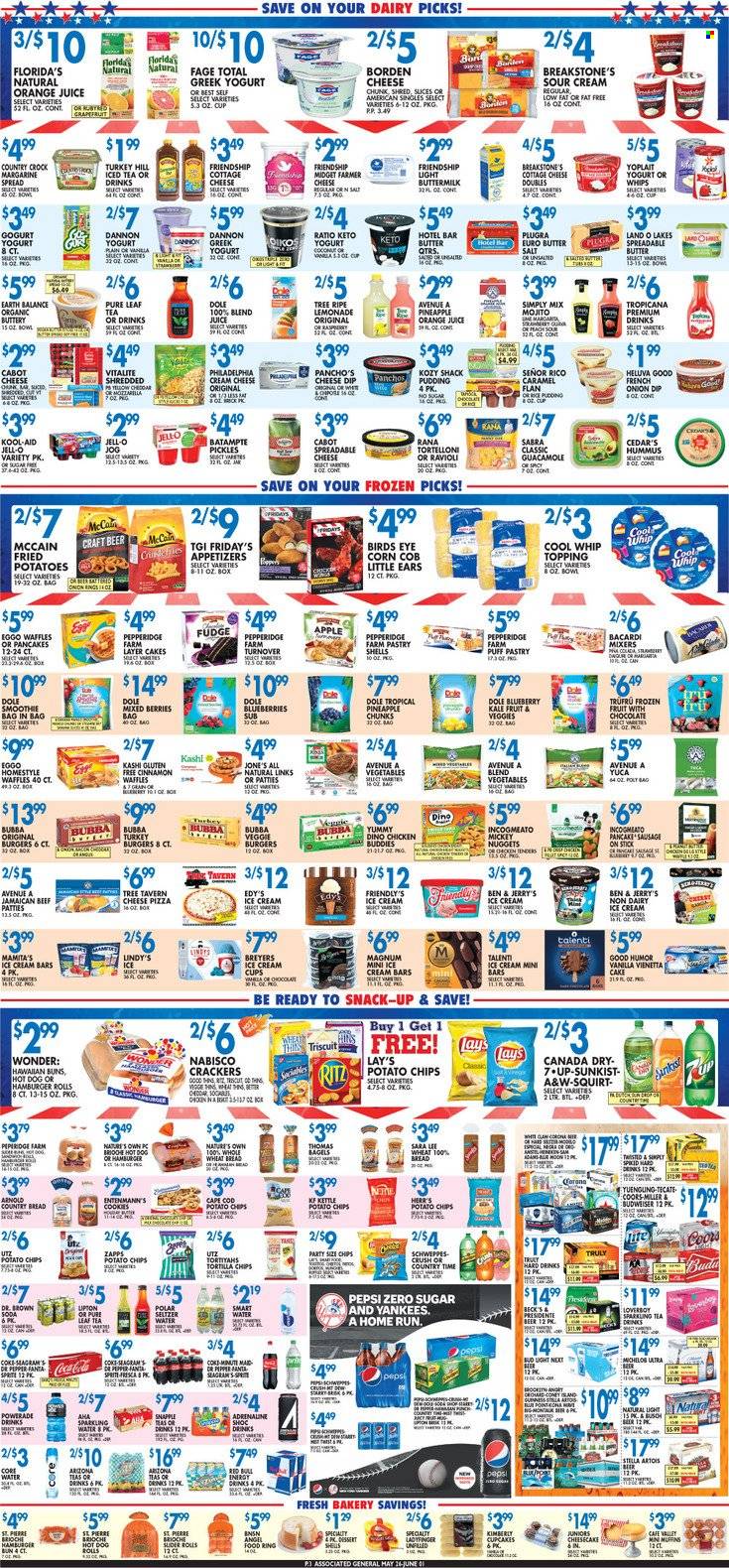 thumbnail - Associated Supermarkets Flyer - 05/26/2023 - 06/01/2023 - Sales products - bagels, wheat bread, hot dog rolls, cake, buns, burger buns, brioche, Sara Lee, cupcake, waffles, dessert shells, dessert, corn, kale, Dole, grapefruits, pineapple, ravioli, pizza, onion rings, nuggets, Bird's Eye, veggie burger, Rana, snack, sausage, guacamole, cottage cheese, farmer cheese, Philadelphia, cheese, Président, greek yoghurt, Oikos, Yoplait, Dannon, rice pudding, buttermilk, eggs, margarine, spreadable butter, Cool Whip, sour cream, puff pastry, ice cream, ice cream bars, Mickey Mouse, Ben & Jerry's, Talenti Gelato, Friendly's Ice Cream, McCain, cookies, fudge, crackers, Florida's Natural, RITZ, Nabisco, tortilla chips, potato chips, Lay’s, topping, Jell-O, pickles, cinnamon, Canada Dry, Coca-Cola, lemonade, Schweppes, Sprite, Powerade, Pepsi, orange juice, juice, Fanta, energy drink, Lipton, ice tea, Dr. Pepper, soft drink, Red Bull, AriZona, Snapple, A&W, Country Time, fruit punch, Coke, smoothie, seltzer water, soda, Smartwater, water, powder drink, Pure Leaf, alcohol, Bacardi, TRULY, Busch, Stella Artois, Bud Light, Corona Extra, Beck's, chicken, turkey, Sure, bowl, Nature's Own, Budweiser, Coors, Yuengling. Page 3.