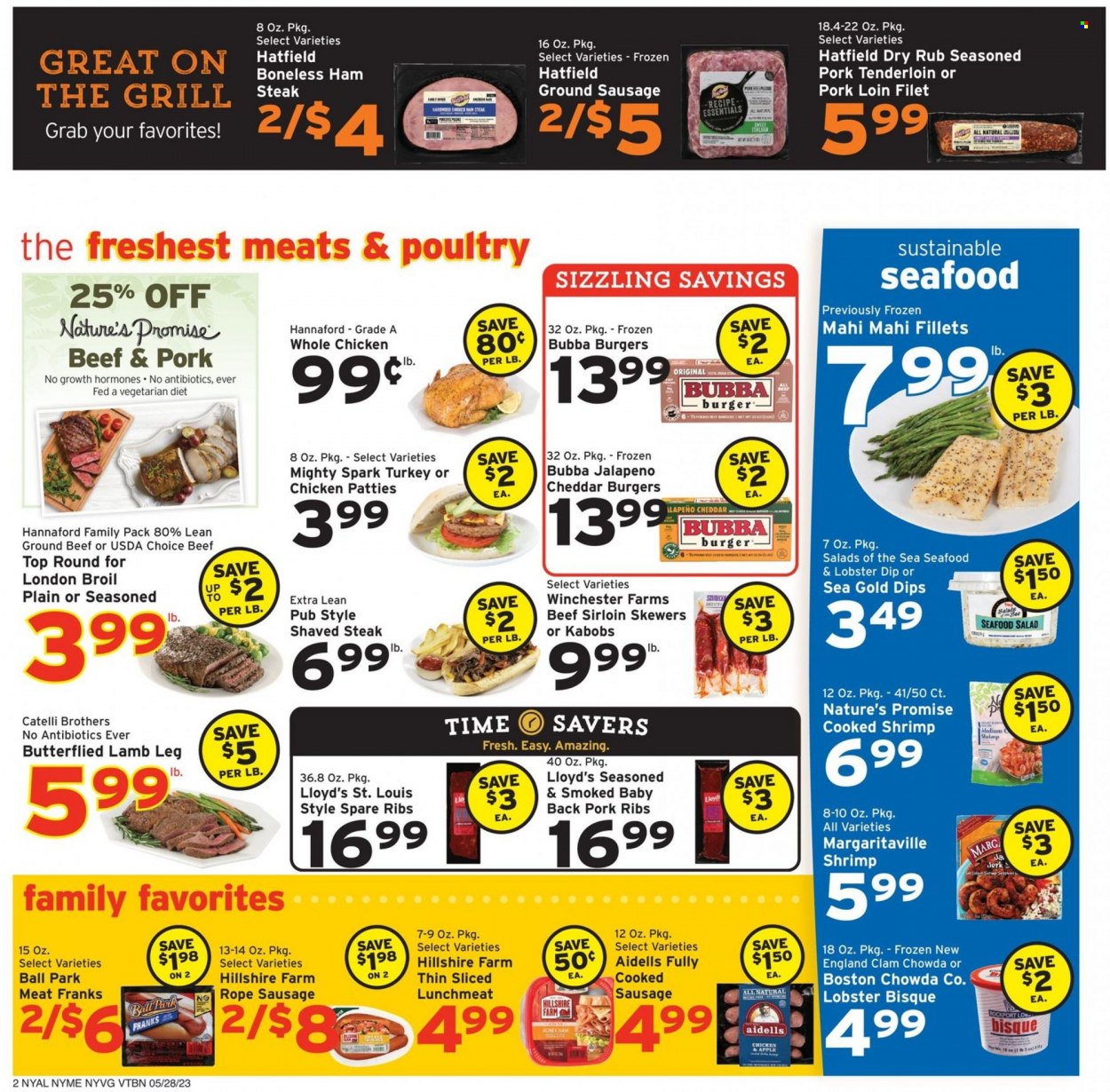thumbnail - Hannaford Flyer - 05/28/2023 - 06/03/2023 - Sales products - Nature’s Promise, jalapeño, clams, mahi mahi, shrimps, ham, Hillshire Farm, smoked ham, sausage, frankfurters, seafood salad, lunch meat, ham steaks, cheddar, cheese, chicken patties, whole chicken, chicken, turkey, beef meat, beef sirloin, ground beef, steak, ribs, pork loin, pork meat, pork ribs, pork tenderloin, pork spare ribs, pork back ribs, lamb meat, lamb leg. Page 2.