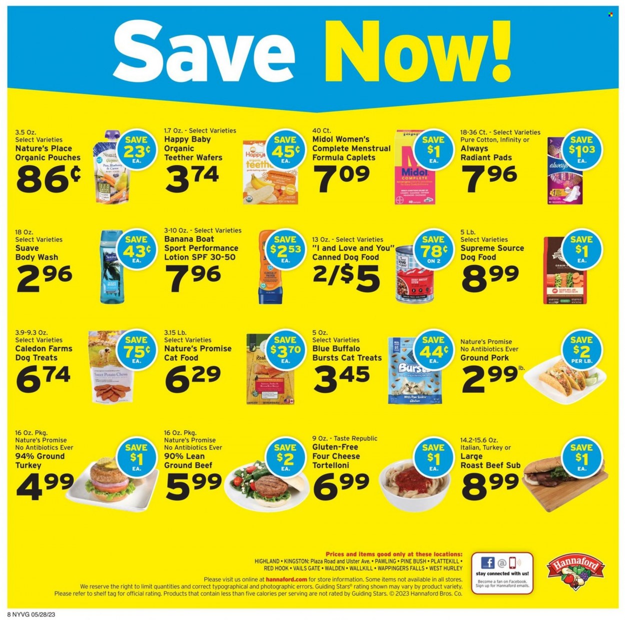 thumbnail - Hannaford Flyer - 05/28/2023 - 06/03/2023 - Sales products - Nature’s Promise, pears, roast, cheese, wafers, chewing gum, ground turkey, chicken, turkey, beef meat, ground beef, roast beef, ground pork, body wash, Suave, Infinity, body lotion, animal food, Blue Buffalo, cat food, dog food. Page 8.