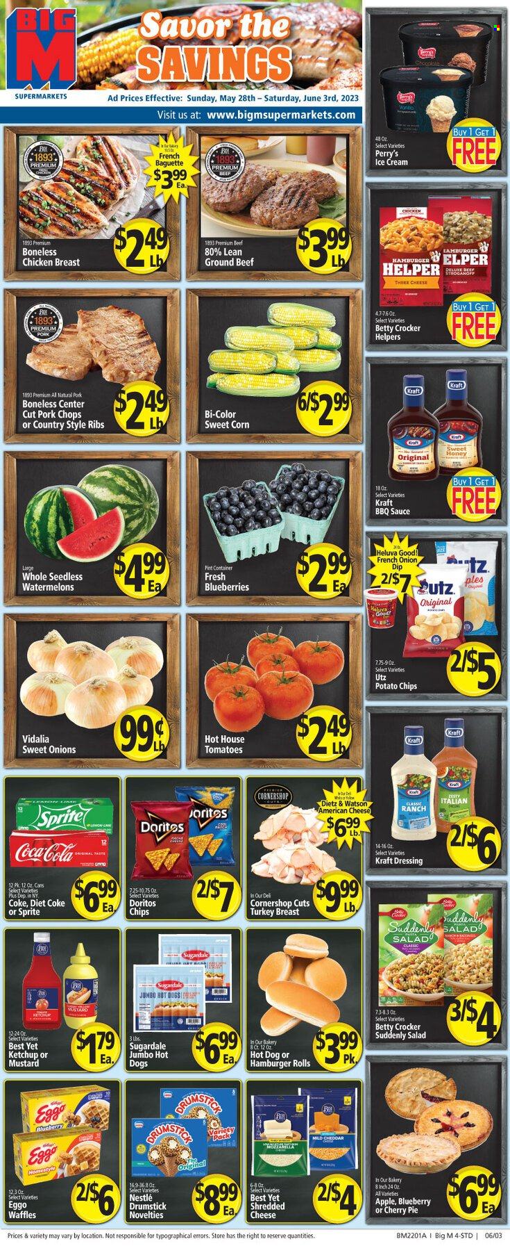 thumbnail - Big M Flyer - 05/28/2023 - 06/03/2023 - Sales products - baguette, pie, burger buns, waffles, cherry pie, corn, salad, sweet corn, blueberries, watermelon, cherries, hot dog, hamburger, sauce, Kraft®, Sugardale, Dietz & Watson, american cheese, mild cheddar, shredded cheese, cheese, dip, ice cream, ice cones, Nestlé, Doritos, potato chips, chips, salty snack, BBQ sauce, mustard, ketchup, dressing, Coca-Cola, Sprite, Diet Coke, soft drink, Coke, chicken, beef meat, ground beef, ribs, pork chops, pork meat, pork ribs, country style ribs. Page 1.