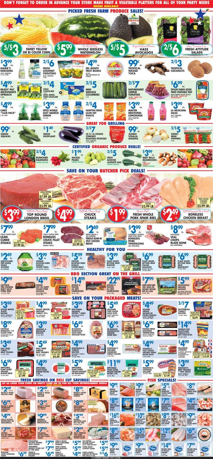 thumbnail - Compare Foods Flyer - 05/26/2023 - 06/01/2023 - Sales products - mushrooms, macaroons, corn, garlic, radishes, spinach, tomatoes, zucchini, kale, potatoes, onion, Dole, peppers, eggplant, avocado, grapefruits, limes, pears, coconut, fruit cup, clams, salmon, salmon fillet, tilapia, tuna, fish, king fish, fish steak, swai fillet, coleslaw, hot dog, chicken roast, macaroni, hamburger, pasta, Perdue®, Ready Pac, Bob Evans, Boar's Head, ready meal, bacon, Butterball, salami, turkey bacon, ham, prosciutto, chorizo, Oscar Mayer, bratwurst, sausage, pork sausage, italian sausage, kielbasa, frankfurters, hummus, potato salad, american cheese, mozzarella, swiss cheese, cheddar, Pepper Jack cheese, Provolone, paella, croutons, tuna steak, Del Monte, spice, dressing, salsa, honey, peanuts, lemonade, BROTHERS, ground turkey, whole chicken, chicken breasts, chicken cutlets, chicken thighs, turkey, ground beef, veal cutlet, veal meat, steak, ribs, burger patties, sausage patties, pork meat, pork ribs, pork shoulder, pork tenderloin, pork spare ribs, pork back ribs. Page 4.