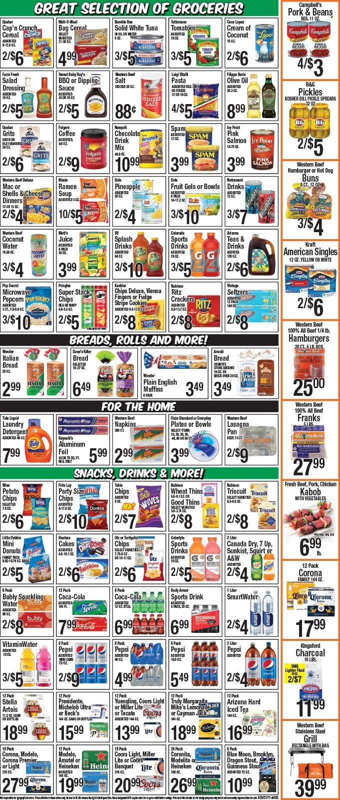 thumbnail - Western Beef Flyer - 05/25/2023 - 05/31/2023 - Sales products - bread, english muffins, cake, buns, puffs, donut, Dole, Mott's, chicken, salmon, tuna, Campbell's, ramen, soup, pasta, Bumble Bee, sauce, Top Ramen, Quaker, lasagna meal, Kraft®, Kingsford, ready meal, snack, frankfurters, Spam, Kraft Singles, Nesquik, cookies, fudge, vienna fingers, crackers, Keebler, RITZ, Nabisco, dill pickle, Pringles, chips, Thins, salty snack, grits, salt, malt, pickles, cereals, Cap'n Crunch, dill, salad dressing, dressing, Canada Dry, Coca-Cola, Sprite, Pepsi, juice, Body Armor, ice tea, coconut water, soft drink, 7UP, AriZona, A&W, Gatorade, sparkling water, Smartwater, water, chocolate drink, coffee, Folgers, TRULY, beer, Stella Artois, Corona Extra, Heineken, Guinness, Beck's, Modelo, Amstel, napkins, detergent, Tide, laundry detergent, electrolyte drink, Miller Lite, Coors, Blue Moon, Yuengling, Michelob. Page 3.