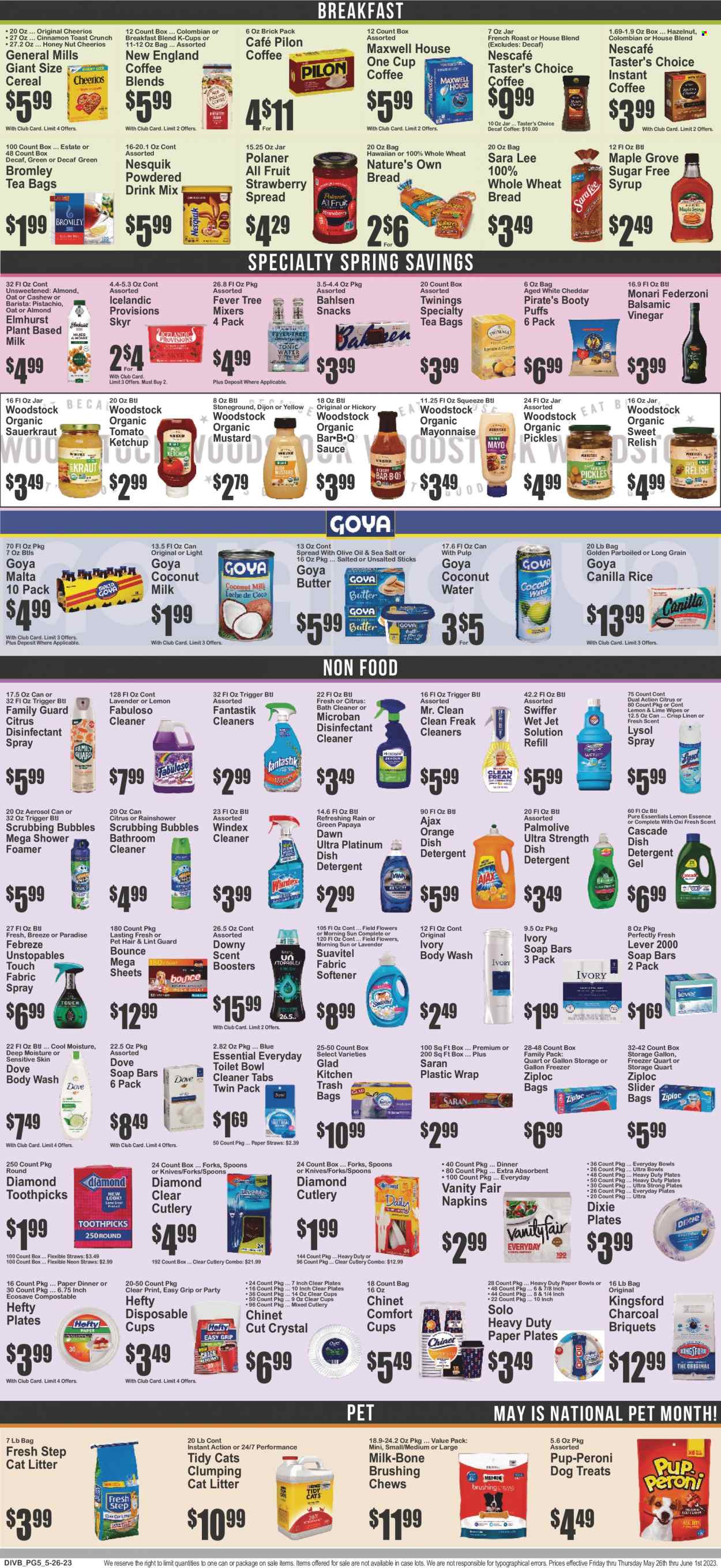 thumbnail - Super Fresh Flyer - 05/26/2023 - 06/01/2023 - Sales products - wheat bread, Sara Lee, puffs, papaya, oranges, sauce, Kingsford, roast, snack, cheddar, cheese, Nesquik, butter, mayonnaise, Dove, chewing gum, General Mills, coconut milk, sauerkraut, pickles, Goya, pickled cabbage, cereals, Cheerios, rice, cinnamon, mustard, ketchup, balsamic vinegar, vinegar, syrup, coconut water, water, powder drink, Maxwell House, tea bags, Twinings, coffee, instant coffee, Nescafé, coffee capsules, K-Cups, breakfast blend, beer, wipes, napkins, detergent, Febreze, Windex, Scrubbing Bubbles, cleaner, desinfection, toilet cleaner, Lysol, Ajax, Fabuloso, Swiffer, bathroom cleaner, Cascade, Unstopables, fabric softener, Bounce, washing gel, scent booster, Suavitel, dishwasher cleaner, Jet, body wash, Palmolive, soap, knife, Hefty, paper plate, paper bowl, Dixie, straw. Page 5.