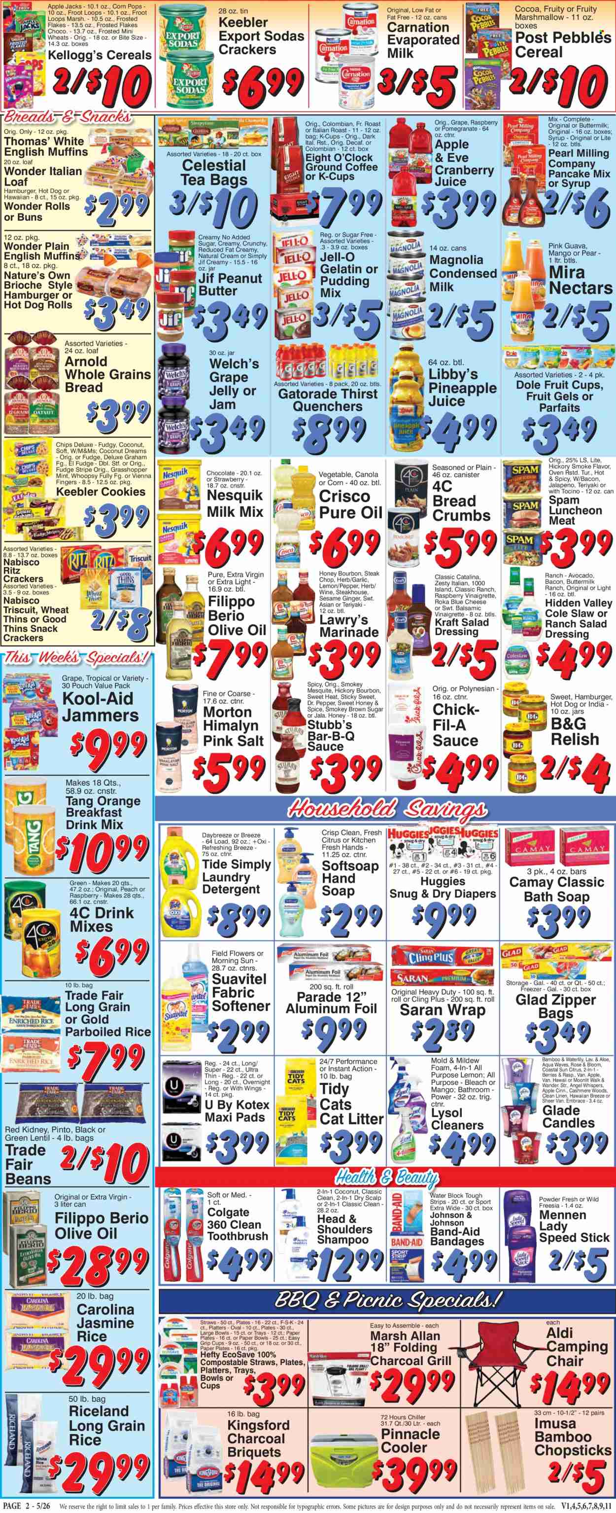 thumbnail - Trade Fair Supermarket Flyer - 05/26/2023 - 06/01/2023 - Sales products - english muffins, hot dog rolls, buns, brioche, breadcrumbs, pancake mix, garlic, ginger, Dole, jalapeño, guava, pineapple, pears, oranges, fruit cup, Welch's, hamburger, sauce, Kraft®, Kingsford, roast, bacon, snack, Spam, lunch meat, pudding, Nesquik, buttermilk, evaporated milk, condensed milk, strips, cookies, fudge, marshmallows, vienna fingers, chocolate, jelly, crackers, Kellogg's, Keebler, RITZ, Nabisco, chips, Thins, cane sugar, cocoa, Crisco, Jell-O, cereals, Frosted Flakes, Corn Pops, rice, jasmine rice, parboiled rice, spice, salad dressing, vinaigrette dressing, dressing, marinade, extra virgin olive oil, olive oil, grape jelly, peanut butter, Jif, cranberry juice, pineapple juice, juice, Dr. Pepper, Gatorade, water, powder drink, tea bags, coffee, ground coffee, K-Cups, Eight O'Clock, alcohol, bourbon, steak, Huggies, nappies, Johnson's, detergent, bleach, Lysol, Tide, fabric softener, laundry detergent, Suavitel, shampoo, Softsoap, soap, Colgate, toothbrush, sanitary pads, Kotex, Head & Shoulders, Speed Stick. Page 2.