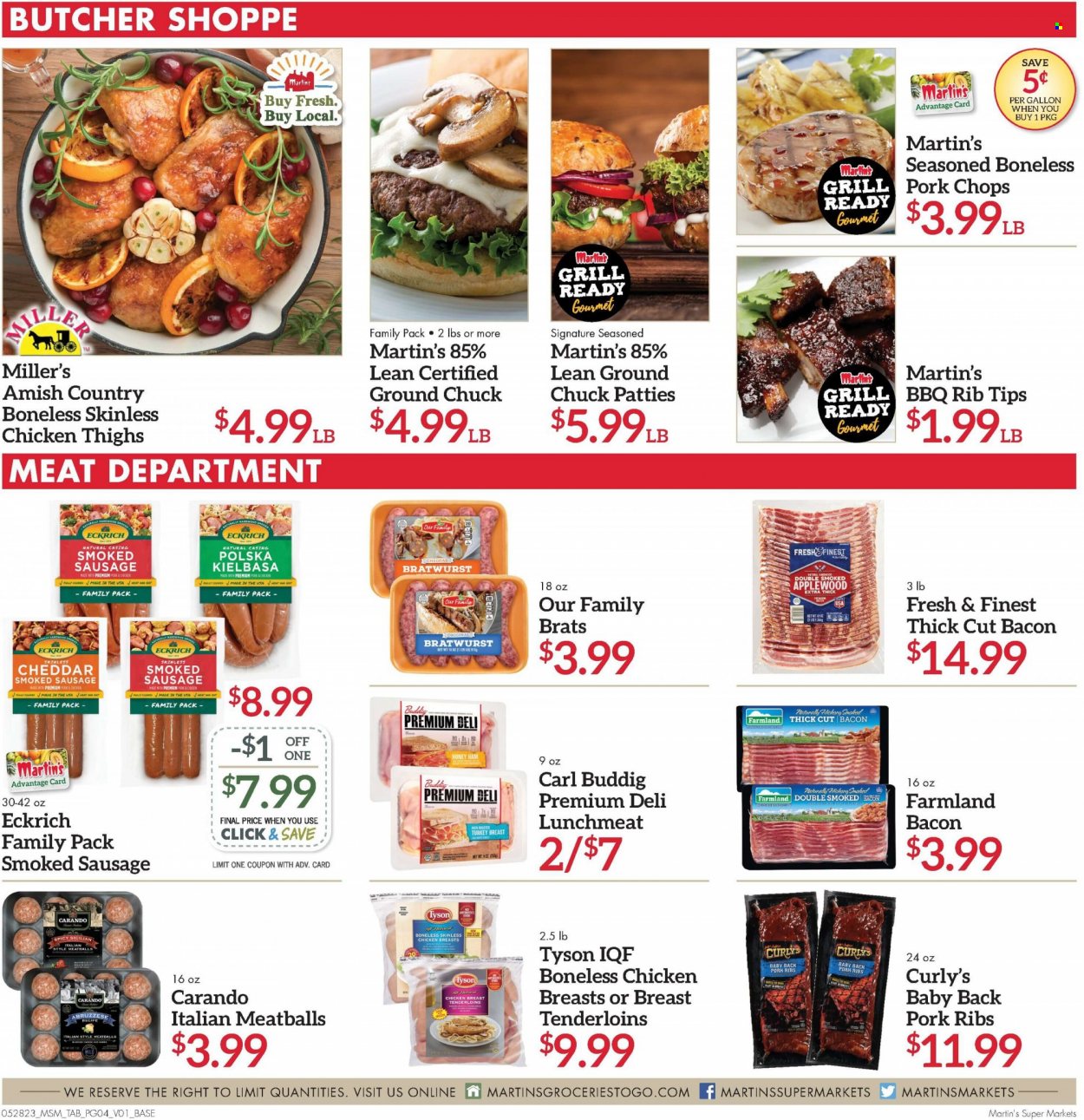 thumbnail - Martin’s Flyer - 05/28/2023 - 06/03/2023 - Sales products - meatballs, bacon, ham, bratwurst, sausage, smoked sausage, kielbasa, lunch meat, cheddar, cheese, chicken breasts, chicken thighs, chicken, ground chuck, ribs, pork chops, pork meat, pork ribs, pork back ribs. Page 4.