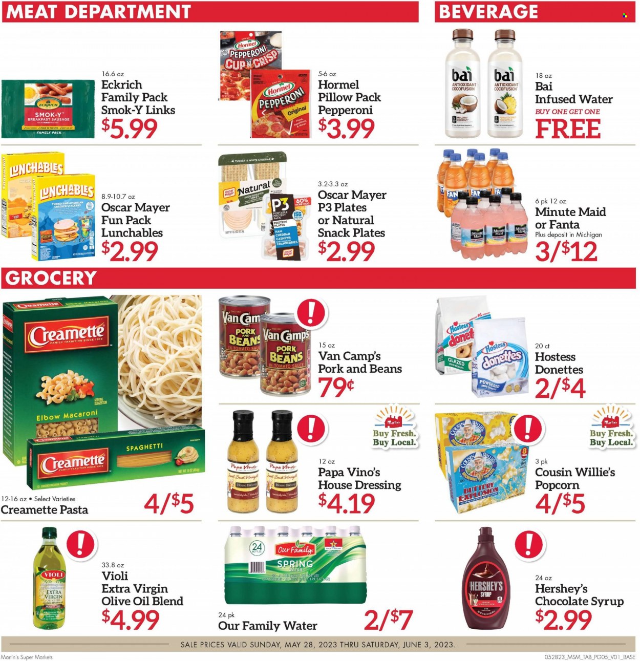 thumbnail - Martin’s Flyer - 05/28/2023 - 06/03/2023 - Sales products - donut, beans, pineapple, coconut, spaghetti, macaroni, pasta, Lunchables, Hormel, ham, snack, Oscar Mayer, sausage, pepperoni, cheddar, Hershey's, crackers, popcorn, Creamette, dressing, extra virgin olive oil, olive oil, oil, chocolate syrup, syrup, cashews, Fanta, Bai, fruit punch, spring water, water, turkey. Page 5.