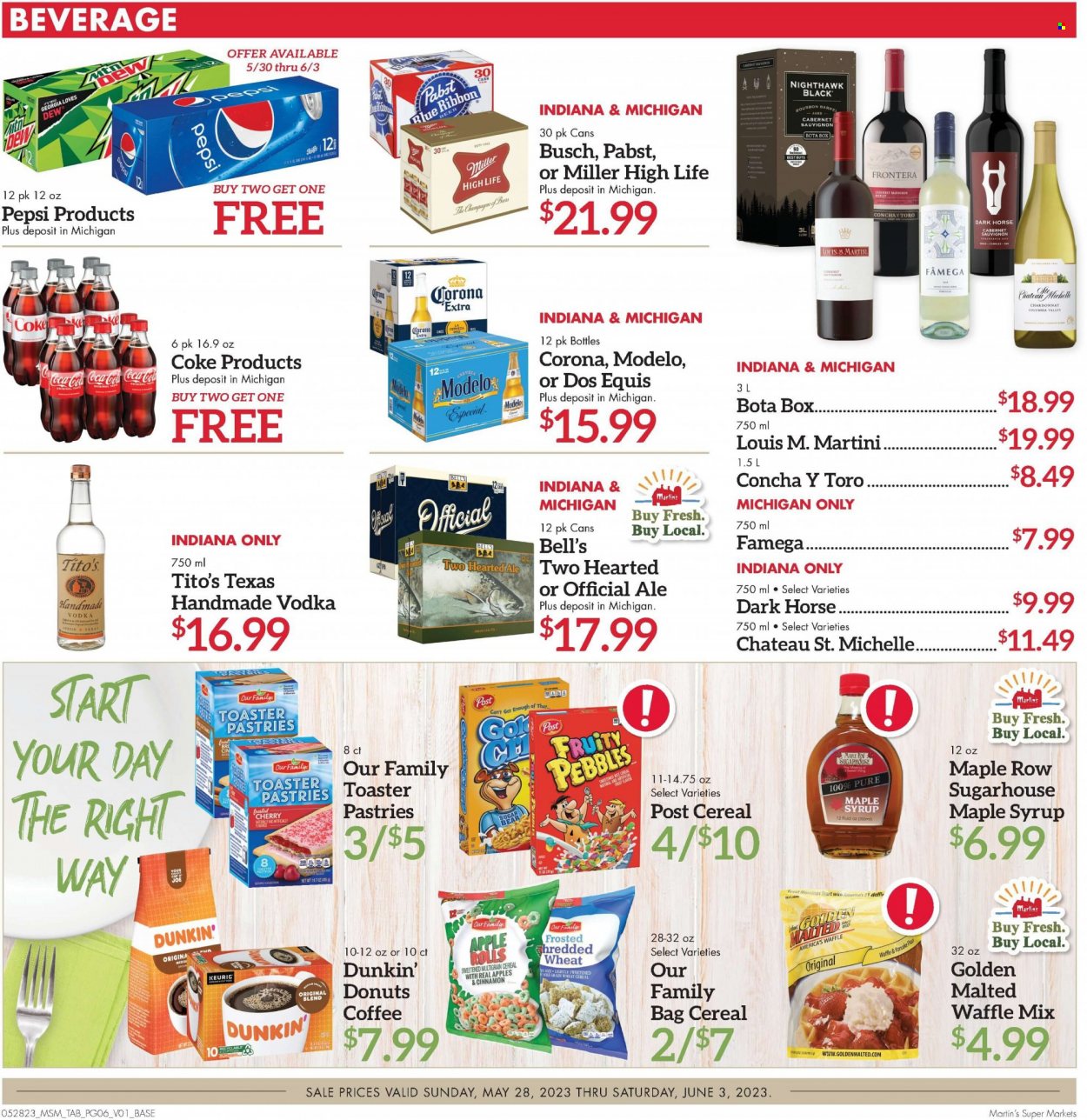 thumbnail - Martin’s Flyer - 05/28/2023 - 06/03/2023 - Sales products - Dunkin' Donuts, apples, cherries, pancakes, sugar, cereals, Fruity Pebbles, rice, cinnamon, maple syrup, syrup, Coca-Cola, Pepsi, soft drink, Coke, Keurig, Cabernet Sauvignon, red wine, sparkling wine, white wine, champagne, Chardonnay, wine, alcohol, vodka, beer, Busch, Corona Extra, Miller, Modelo, Pabst Blue Ribbon, Bell's, Pabst, Dos Equis. Page 6.