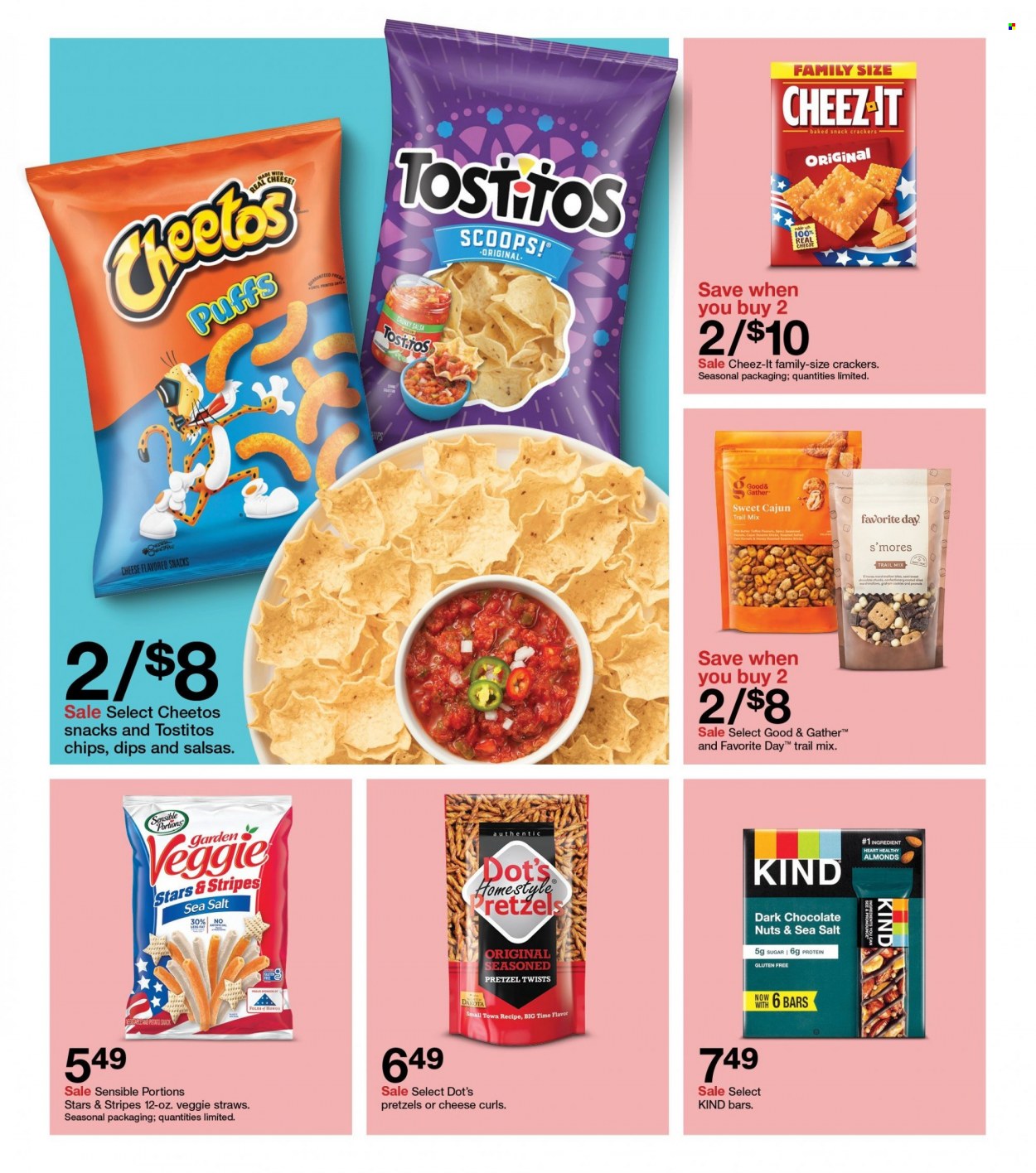 thumbnail - Target Flyer - 05/28/2023 - 06/03/2023 - Sales products - pretzels, puffs, snack, cookies, marshmallows, chocolate, toffee, crackers, dark chocolate, Cheetos, chips, veggie straws, Cheez-It, Tostitos, salty snack, sugar, salsa, almonds, peanuts, trail mix, Honor. Page 6.