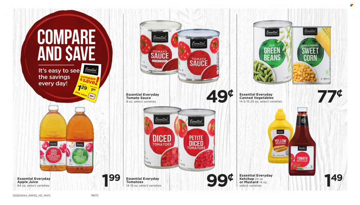 thumbnail - Cub Foods Flyer - 05/28/2023 - 06/03/2023 - Sales products - beans, corn, green beans, sweet corn, sauce, tomato sauce, canned vegetables, diced tomatoes, mustard, ketchup, apple juice, juice, apple cider, cider. Page 2.