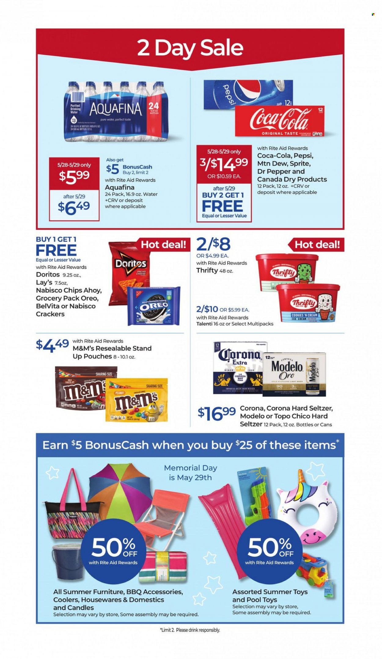 thumbnail - RITE AID Flyer - 05/28/2023 - 06/03/2023 - Sales products - Oreo, ice cream, Talenti Gelato, cookies, milk chocolate, M&M's, crackers, Candy, Nabisco, Doritos, chips, Lay’s, salty snack, belVita, Canada Dry, Coca-Cola, Mountain Dew, Sprite, Pepsi, Dr. Pepper, soft drink, Aquafina, purified water, water, alcohol, Hard Seltzer, beer, Corona Extra, Modelo, Topo Chico, candle. Page 3.