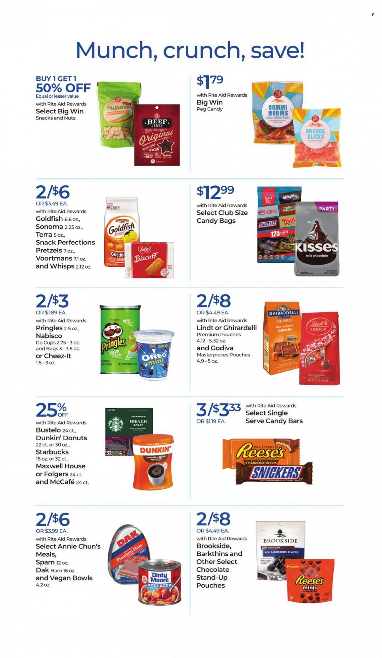 thumbnail - RITE AID Flyer - 05/28/2023 - 06/03/2023 - Sales products - roast, ham, jerky, snack, Oreo, Reese's, milk chocolate, pretzels, Lindt, Lindor, Milky Way, Snickers, donut, Godiva, dark chocolate, peanut butter cups, Ghirardelli, candy bar, Nabisco, Pringles, Goldfish, Cheez-It, salty snack, caramel, peanuts, pistachios, Maxwell House, Starbucks, Folgers, McCafe, Dunkin' Donuts, Lotus. Page 16.
