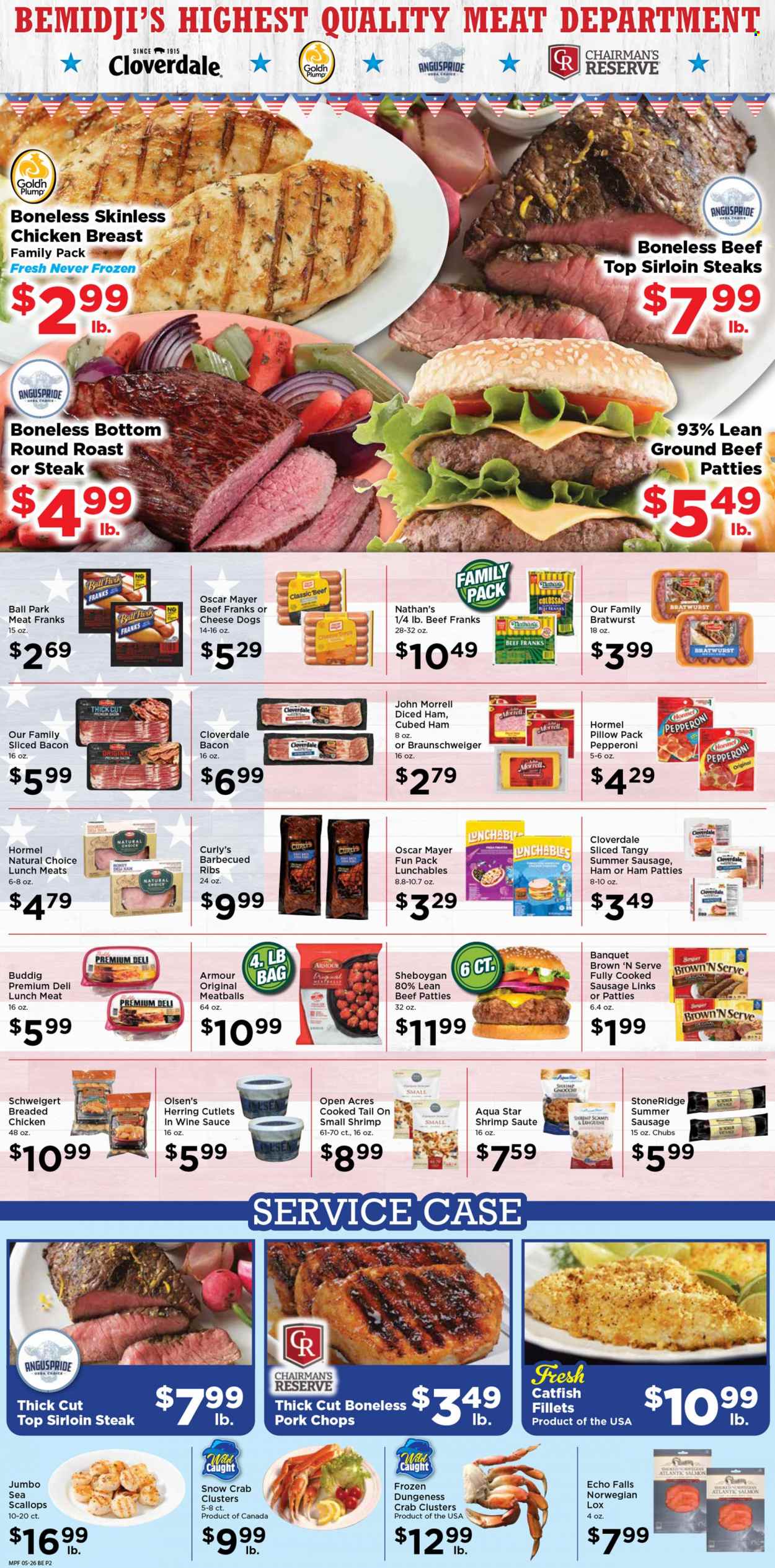 thumbnail - Marketplace Foods Flyer - 05/26/2023 - 06/01/2023 - Sales products - catfish, scallops, herring, crab, shrimps, crab clusters, gnocchi, meatballs, sauce, fried chicken, Lunchables, Hormel, roast, bacon, Oscar Mayer, bratwurst, sausage, summer sausage, pepperoni, Brown 'N Serve, frankfurters, lunch meat, honey, alcohol, chicken breasts, beef meat, beef sirloin, ground beef, steak, round roast, sirloin steak, ribs, sausage patties, pork chops, pork meat. Page 2.