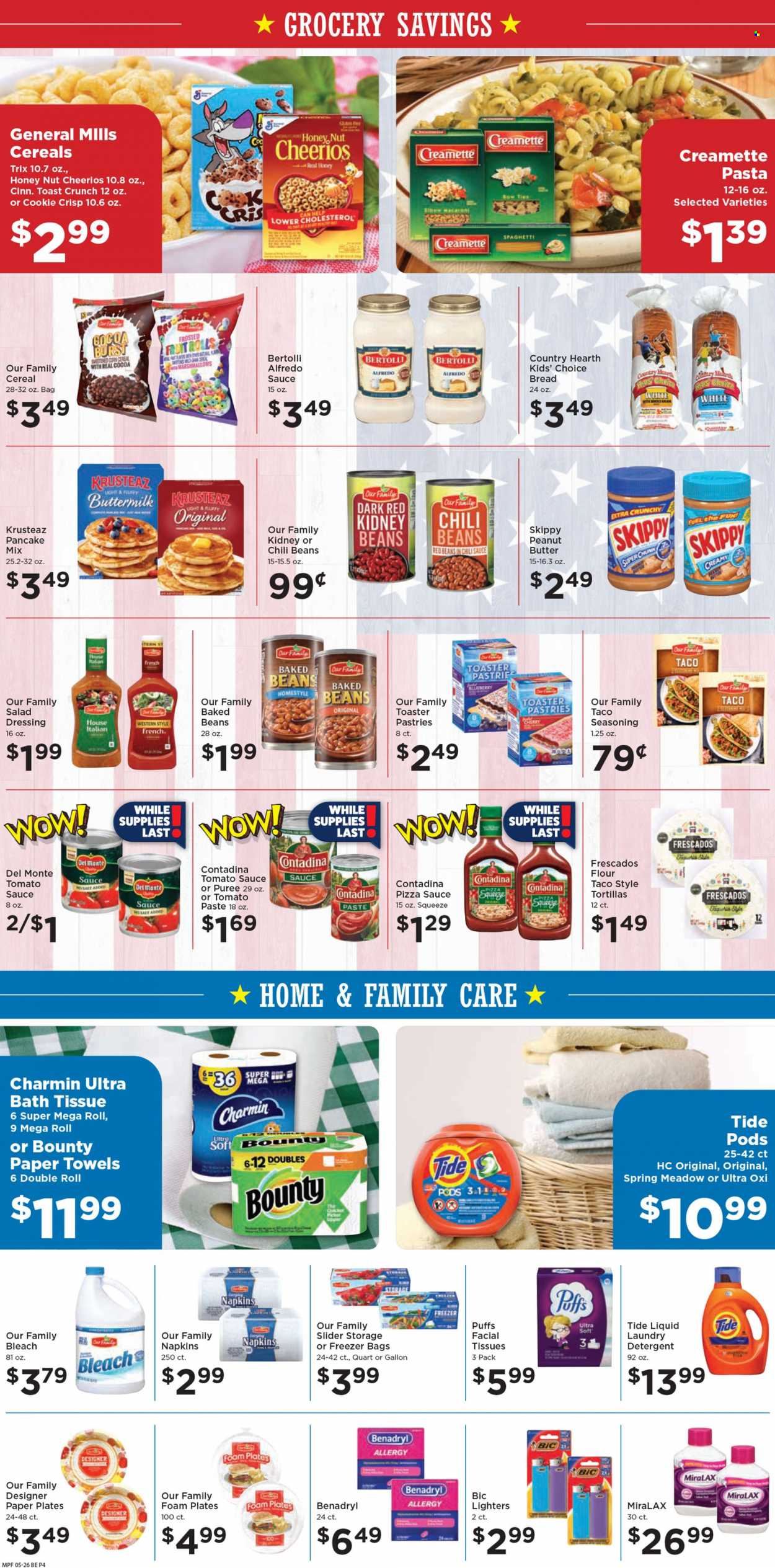 thumbnail - Marketplace Foods Flyer - 05/26/2023 - 06/01/2023 - Sales products - bread, tortillas, puffs, pancake mix, beans, corn, cherries, spaghetti, macaroni, pasta, Alfredo sauce, Bertolli, buttermilk, marshmallows, Bounty, fruit rolls, General Mills, cocoa, red beans, tomato paste, tomato sauce, kidney beans, chili beans, baked beans, Del Monte, cereals, Cheerios, Trix, Creamette, spice, salad dressing, chilli sauce, dressing, peanut butter. Page 4.