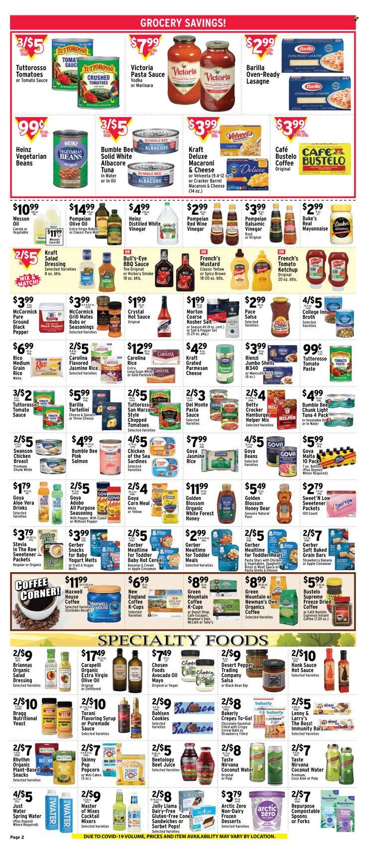 thumbnail - Met Foodmarkets Flyer - 05/28/2023 - 06/03/2023 - Sales products - dessert, crepes, corn, sardines, tuna, macaroni & cheese, spaghetti, pasta sauce, Bumble Bee, sauce, tortellini, Barilla, lasagna meal, Kraft®, snack, parmesan, yoghurt, Blossom, mayonnaise, dip, sorbet, cookies, crackers, Gerber, Skinny Pop, broth, stevia, sweetener, crushed tomatoes, tomato paste, tomato sauce, tuna in water, Heinz, light tuna, Chicken of the Sea, Goya, chopped tomatoes, Del Monte, cereals, jasmine rice, parboiled rice, spice, cumin, cinnamon, adobo sauce, BBQ sauce, mustard, salad dressing, hot sauce, ketchup, dressing, salsa, avocado oil, balsamic vinegar, vinegar, wine vinegar, olive oil, honey, juice, coconut water, beetroot juice, spring water, water, Maxwell House, coffee, instant coffee, coffee capsules, McCafe, K-Cups, Green Mountain, alcohol, vodka, chicken breasts, chicken. Page 2.