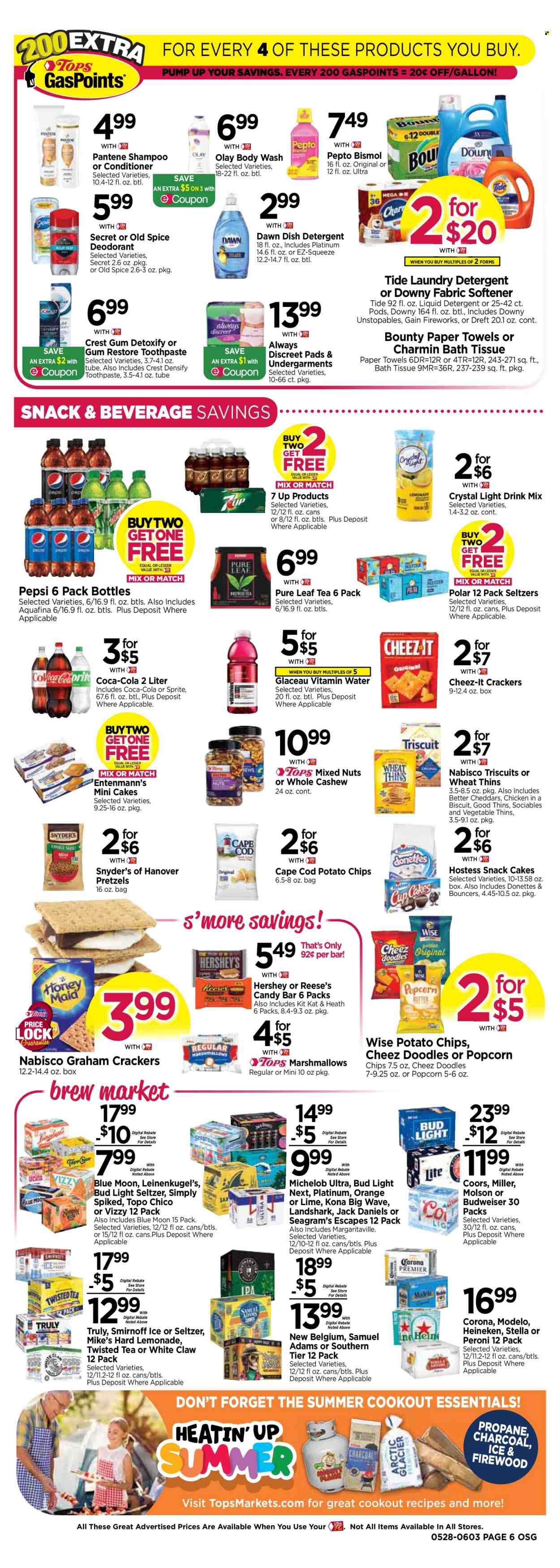 thumbnail - Tops Flyer - 05/28/2023 - 06/03/2023 - Sales products - pretzels, cake, Entenmann's, oranges, Jack Daniel's, snack, Reese's, graham crackers, marshmallows, Bounty, KitKat, crackers, biscuit, candy bar, Nabisco, potato chips, chips, Thins, popcorn, Cheez-It, salty snack, mixed nuts, Coca-Cola, lemonade, Sprite, Pepsi, ice tea, soft drink, 7UP, Aquafina, sparkling water, vitamin water, water, Pure Leaf, Smirnoff, White Claw, Hard Seltzer, TRULY, Bud Light, Corona Extra, Heineken, Peroni, Modelo, Topo Chico, chicken, bath tissue, kitchen towels, paper towels, Charmin, detergent, Gain, Tide, Unstopables, fabric softener, liquid detergent, laundry detergent, Gain Fireworks, Downy Laundry, WAVE, dishwasher cleaner, body wash, shampoo, Old Spice, toothpaste, Crest, sanitary pads, Always Discreet, Olay, conditioner, Pantene, Budweiser, Leinenkugel's, Coors, Blue Moon, Twisted Tea, Michelob. Page 6.