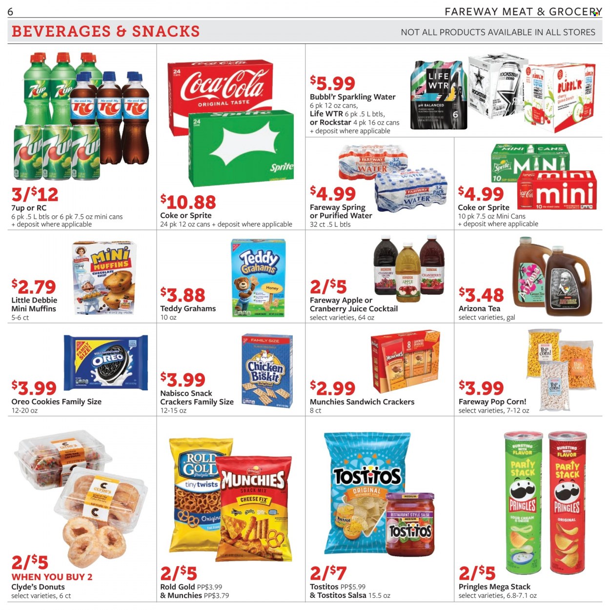 thumbnail - Fareway Flyer - 05/29/2023 - 06/03/2023 - Sales products - donut, muffin, snack, Oreo, cookies, crackers, Nabisco, Pringles, popcorn, Tostitos, salty snack, salsa, Coca-Cola, cranberry juice, Sprite, juice, soft drink, 7UP, AriZona, Rockstar, Coke, sparkling water, purified water, water, tea. Page 6.