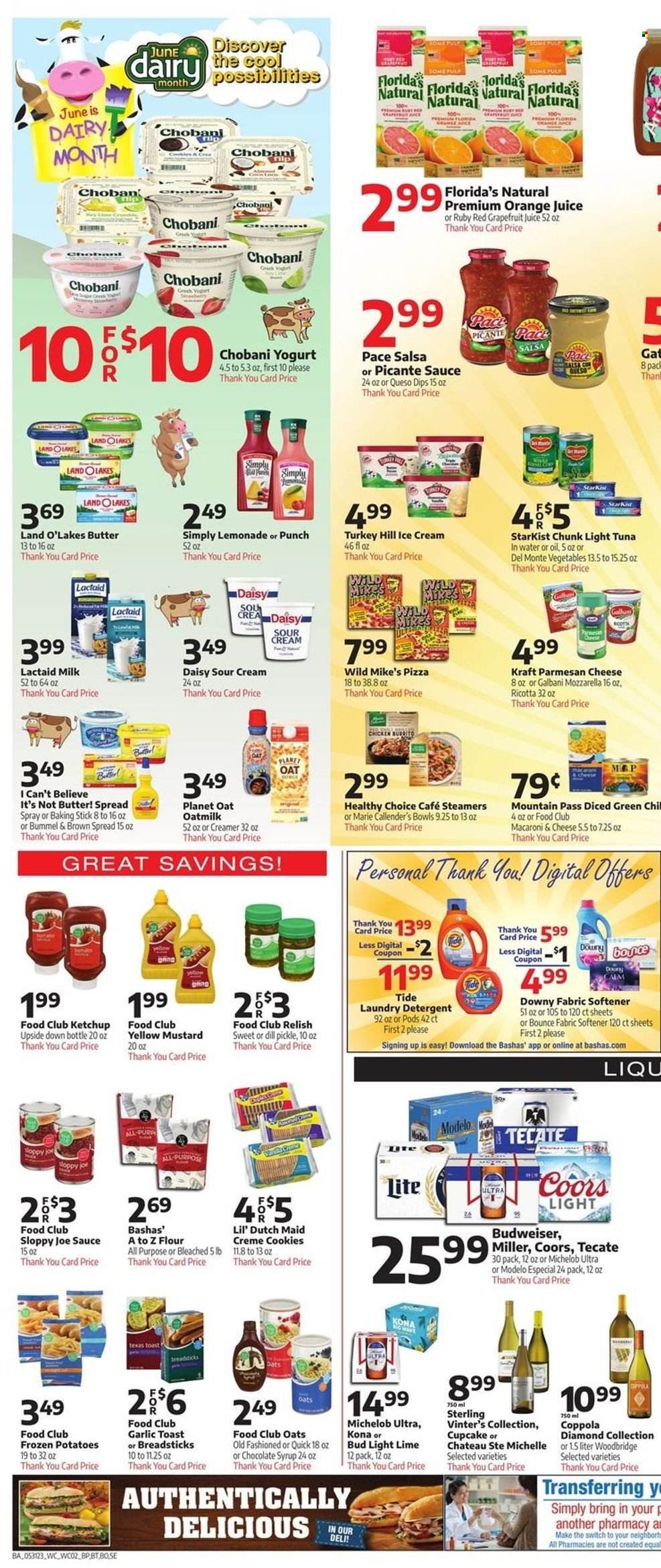 thumbnail - Bashas' Flyer - 05/31/2023 - 06/06/2023 - Sales products - cupcake, potatoes, tuna, StarKist, macaroni & cheese, pizza, sauce, Healthy Choice, Marie Callender's, Kraft®, Lactaid, ricotta, parmesan, cheese, Galbani, greek yoghurt, Chobani, milk, oat milk, I Can't Believe It's Not Butter, sour cream, creamer, ice cream, cookies, Florida's Natural, bread sticks, dill pickle, flour, canned tuna, tuna in water, light tuna, Del Monte, dill, mustard, ketchup, salsa, chocolate syrup, syrup, lemonade, switch, juice, water, Woodbridge, beer, Bud Light, Modelo, chicken, turkey, detergent, Tide, fabric softener, laundry detergent, Bounce, Downy Laundry, Budweiser, Coors, Michelob. Page 2.