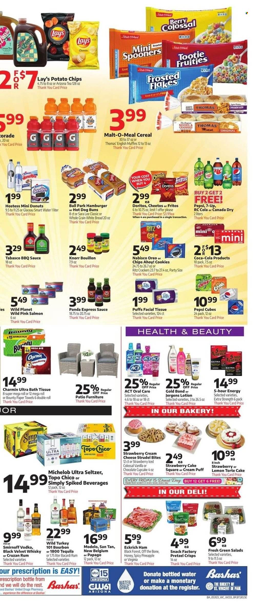 thumbnail - Bashas' Flyer - 05/31/2023 - 06/06/2023 - Sales products - bread, english muffins, white bread, cake, strudel, buns, Sara Lee, cupcake, puffs, donut, cream puffs, salmon, Knorr, sauce, ham, snack, cream cheese, Oreo, cookies, Bounty, crackers, Chips Ahoy!, RITZ, Nabisco, Doritos, Fritos, potato chips, Cheetos, Lay’s, pretzel crisps, salty snack, bouillon, tabasco, malt, cereals, Frosted Flakes, cinnamon, BBQ sauce, honey, Canada Dry, Coca-Cola, lemonade, Pepsi, soft drink, 7UP, AriZona, seltzer water, bottled water, Smartwater, water, tea, Bacardi, rum, Smirnoff, tequila, vodka, whisky, Modelo, Topo Chico, turkey, bath tissue, kitchen towels, paper towels, Charmin, body lotion, Jergens, Michelob. Page 3.