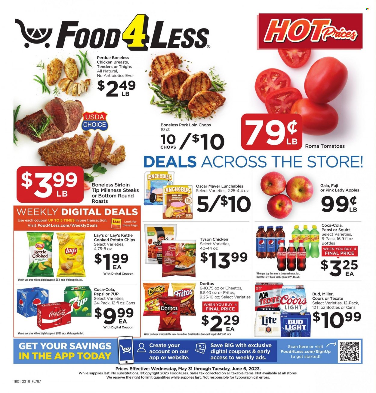 thumbnail - Food 4 Less Flyer - 05/31/2023 - 06/06/2023 - Sales products - tomatoes, jalapeño, apples, Gala, Fuji apple, Pink Lady, Perdue®, Lunchables, ham, Oscar Mayer, cheese, crackers, Doritos, Fritos, potato chips, Cheetos, chips, Lay’s, salty snack, Coca-Cola, Pepsi, soft drink, 7UP, beer, Bud Light, chicken breasts, chicken, turkey, steak, pork chops, pork loin, pork meat, Coors. Page 1.