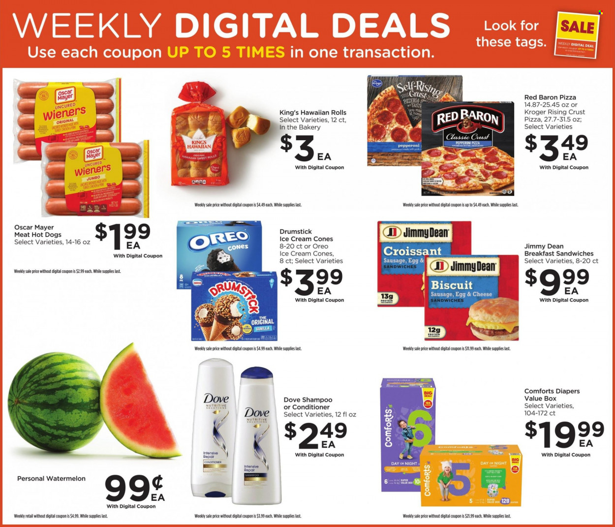 thumbnail - Food 4 Less Flyer - 05/31/2023 - 06/06/2023 - Sales products - hawaiian rolls, sweet rolls, watermelon, hot dog, pizza, Jimmy Dean, Oscar Mayer, sausage, Oreo, ice cream, Red Baron, Dove, biscuit, waffle cones, turkey, nappies, shampoo, conditioner. Page 2.