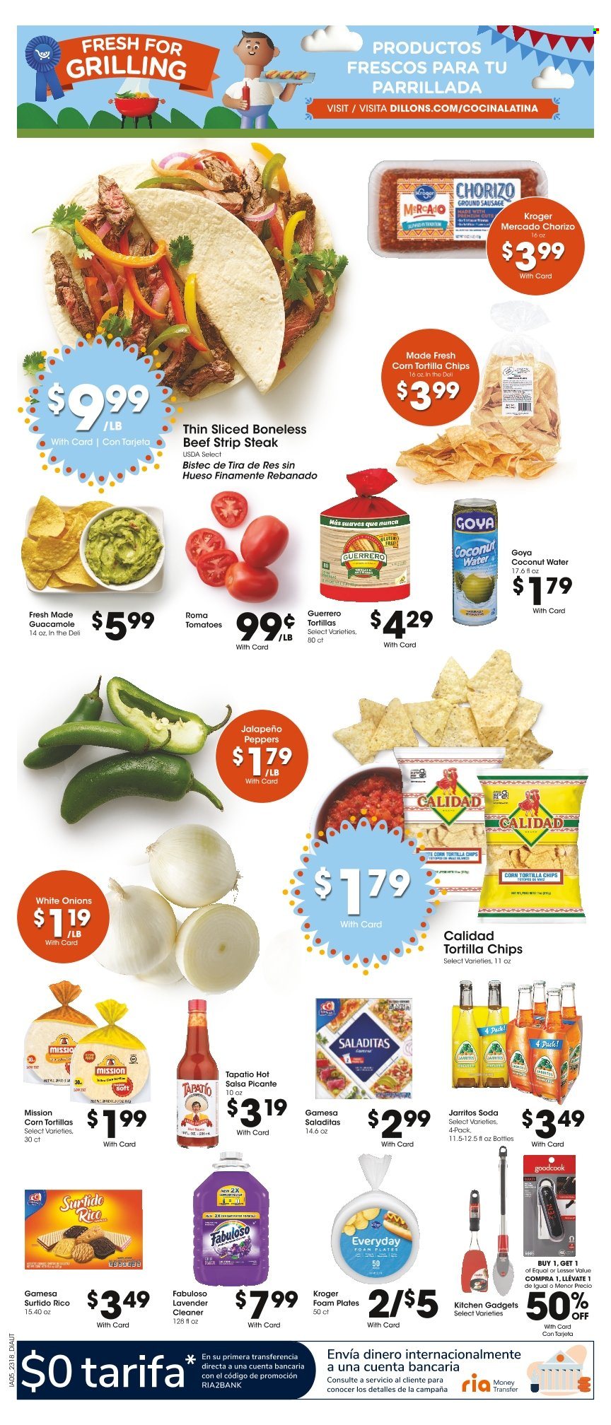 thumbnail - Dillons Flyer - 05/31/2023 - 06/06/2023 - Sales products - corn tortillas, tomatoes, onion, jalapeño, chorizo, sausage, guacamole, tortilla chips, chips, Goya, salsa, coconut water, soda, water, beef meat, steak, striploin steak, cleaner, Fabuloso, plate, foam plates. Page 7.