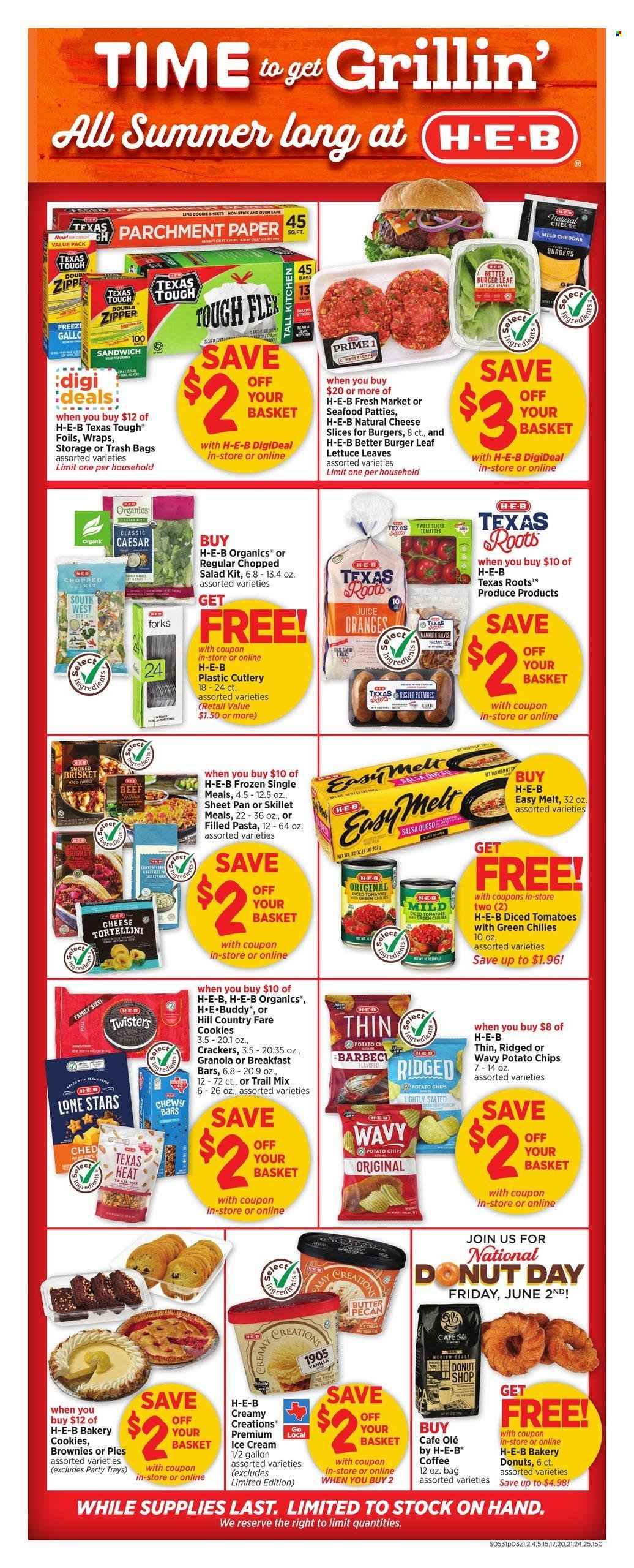 thumbnail - H-E-B Flyer - 05/31/2023 - 06/06/2023 - Sales products - pie, wraps, brownies, russet potatoes, lettuce, salad, chopped salad, oranges, seafood, hamburger, pasta, tortellini, filled pasta, brisket, roast, mild cheddar, sliced cheese, ice cream, Creamy Creations, cookies, crackers, potato chips, diced tomatoes, granola, salsa, trail mix, juice, chicken, trash bags, pan, slicer, disposable cutlery, sheet pan, paper, Jordan. Page 3.