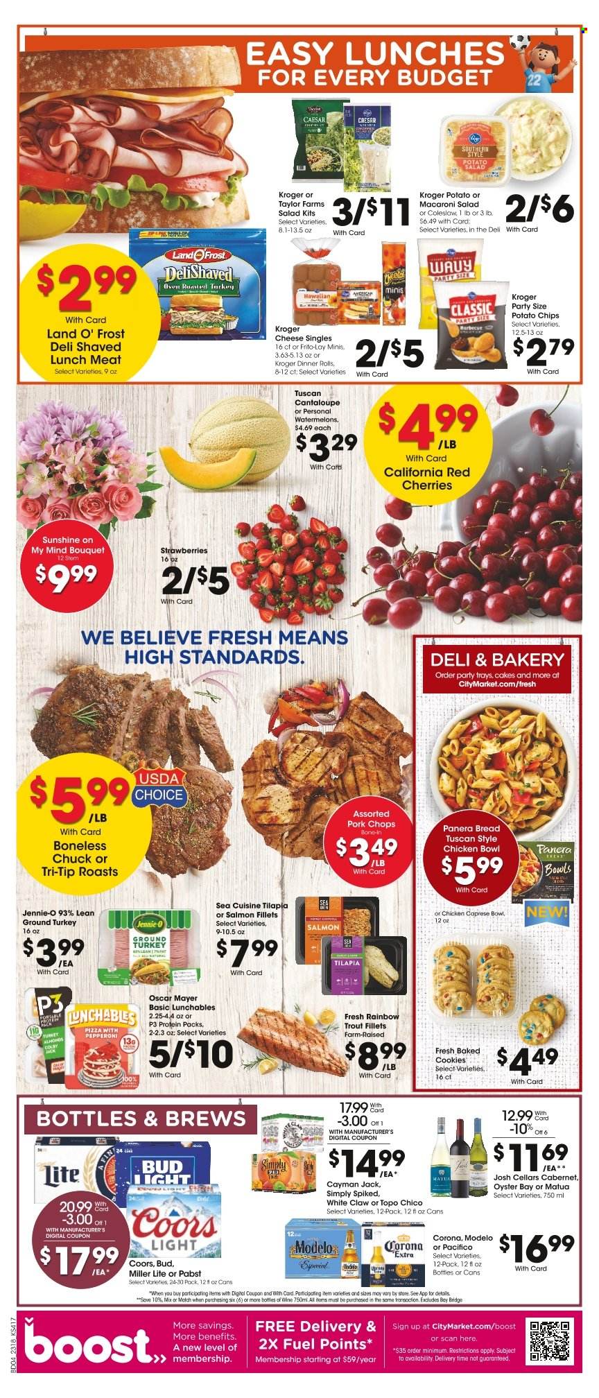 thumbnail - City Market Flyer - 05/31/2023 - 06/06/2023 - Sales products - bread, dinner rolls, cantaloupe, watermelon, cherries, salmon fillet, tilapia, trout, oysters, coleslaw, pizza, Lunchables, Oscar Mayer, macaroni salad, lunch meat, cookies, potato chips, chips, Frito-Lay, almonds, lemonade, sparkling water, Boost, Cabernet Sauvignon, wine, alcohol, White Claw, Bud Light, Corona Extra, Modelo, Pabst, Topo Chico, ground turkey, turkey, pork chops, pork meat, bouquet, Miller Lite, Coors. Page 4.
