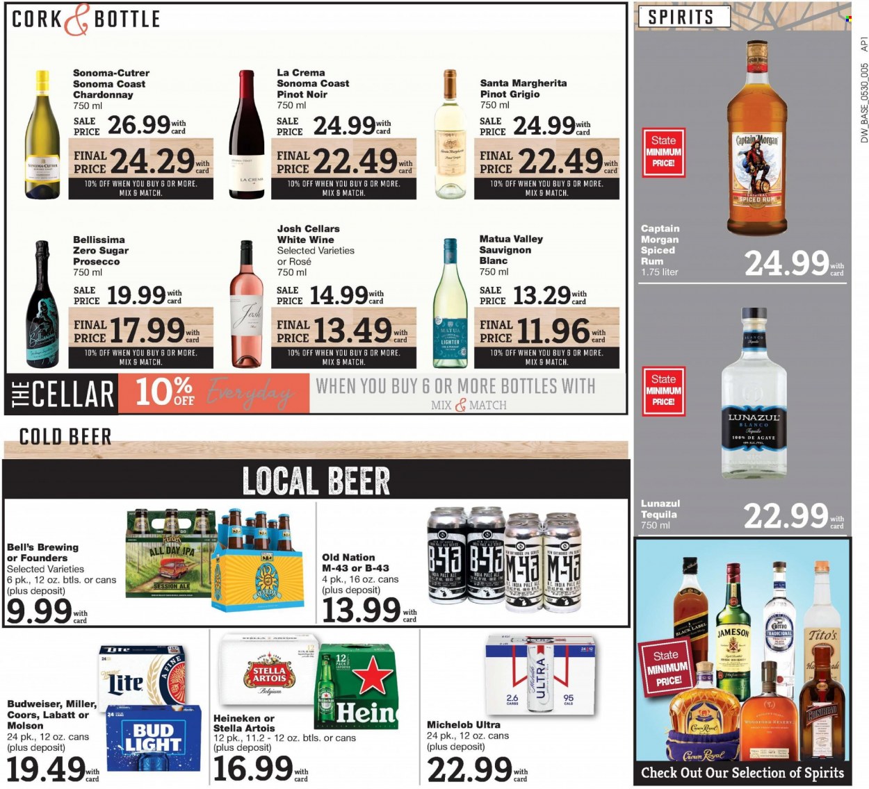 thumbnail - D&W Fresh Market Flyer - 05/30/2023 - 06/03/2023 - Sales products - Santa, red wine, sparkling wine, white wine, prosecco, Chardonnay, wine, Pinot Noir, alcohol, Pinot Grigio, Sauvignon Blanc, Captain Morgan, rum, spiced rum, tequila, whiskey, irish whiskey, Jameson, whisky, beer, Stella Artois, Heineken, Miller, IPA, Bell's, Budweiser, Coors, Michelob. Page 5.