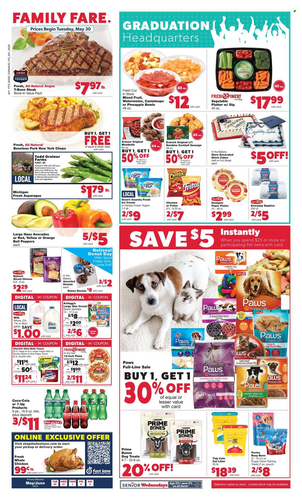 thumbnail - Family Fare Flyer - 05/30/2023 - 06/03/2023 - Sales products - cake, donut, asparagus, cantaloupe, peppers, avocado, watermelon, tuna, pizza, meatballs, sausage, sliced cheese, Kemps, milk, eggs, dip, ice cream, frozen yoghurt, Bounty, Kellogg's, Fritos, Cheetos, salty snack, cereals, Rice Krispies, Coca-Cola, Sprite, juice, soft drink, 7UP, cocktail, whole chicken, chicken, beef meat, t-bone steak, steak, napkins, bath tissue, paper towels, Charmin, plate, platters, eraser, paper plate. Page 1.