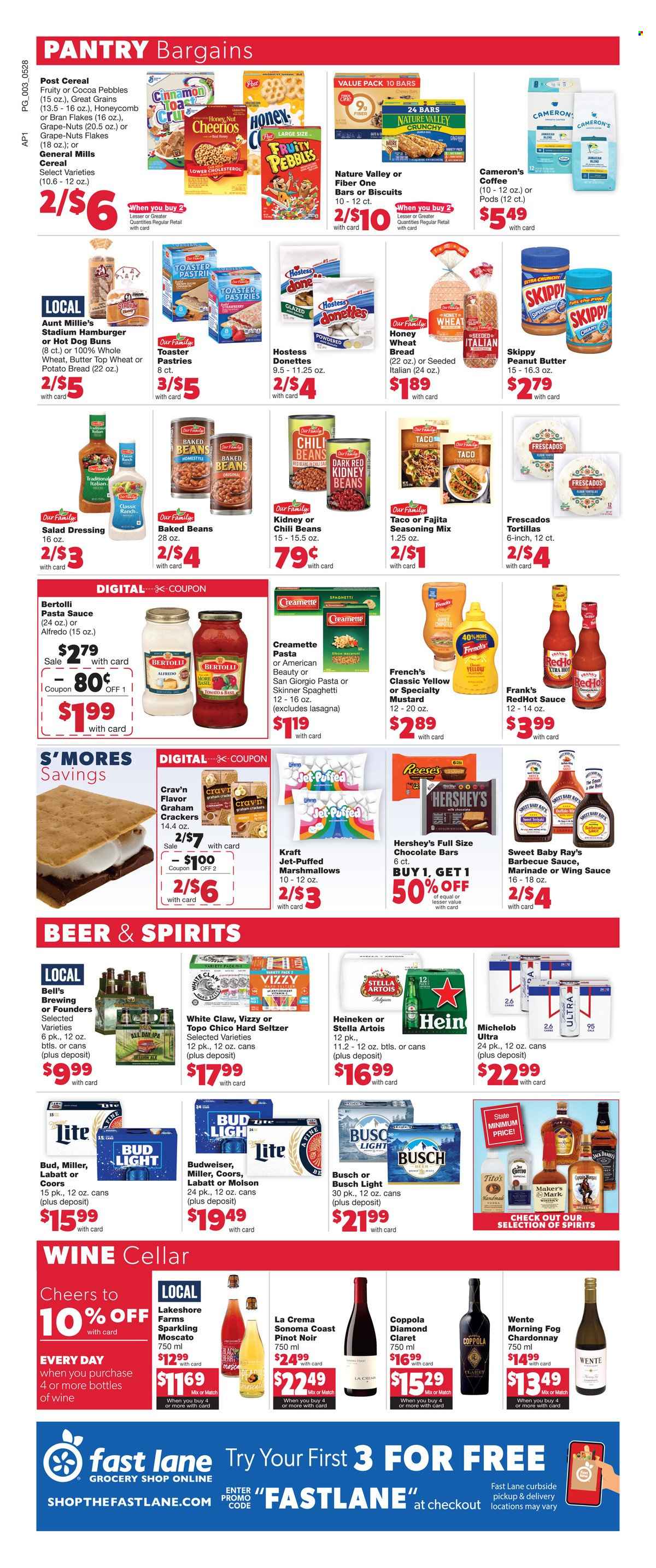 thumbnail - Family Fare Flyer - 05/30/2023 - 06/03/2023 - Sales products - wheat bread, buns, flour tortillas, spaghetti, Jack Daniel's, pasta sauce, macaroni, Kraft®, Bertolli, Reese's, Hershey's, graham crackers, marshmallows, milk chocolate, cereal bar, crackers, biscuit, chocolate bar, General Mills, red beans, kidney beans, chili beans, baked beans, cereals, Cheerios, bran flakes, Fruity Pebbles, Nature Valley, Fiber One, Creamette, Skinner Pasta, spice, cinnamon, Fajita seasoning, BBQ sauce, mustard, salad dressing, dressing, marinade, wing sauce, peanut butter, sparkling water, coffee, red wine, white wine, Chardonnay, wine, Pinot Noir, alcohol, Moscato, vodka, White Claw, Hard Seltzer, whisky, beer, Busch, Stella Artois, Bud Light, Heineken, Miller, IPA, Bell's, Topo Chico, XTRA, Budweiser, Coors, Michelob. Page 3.