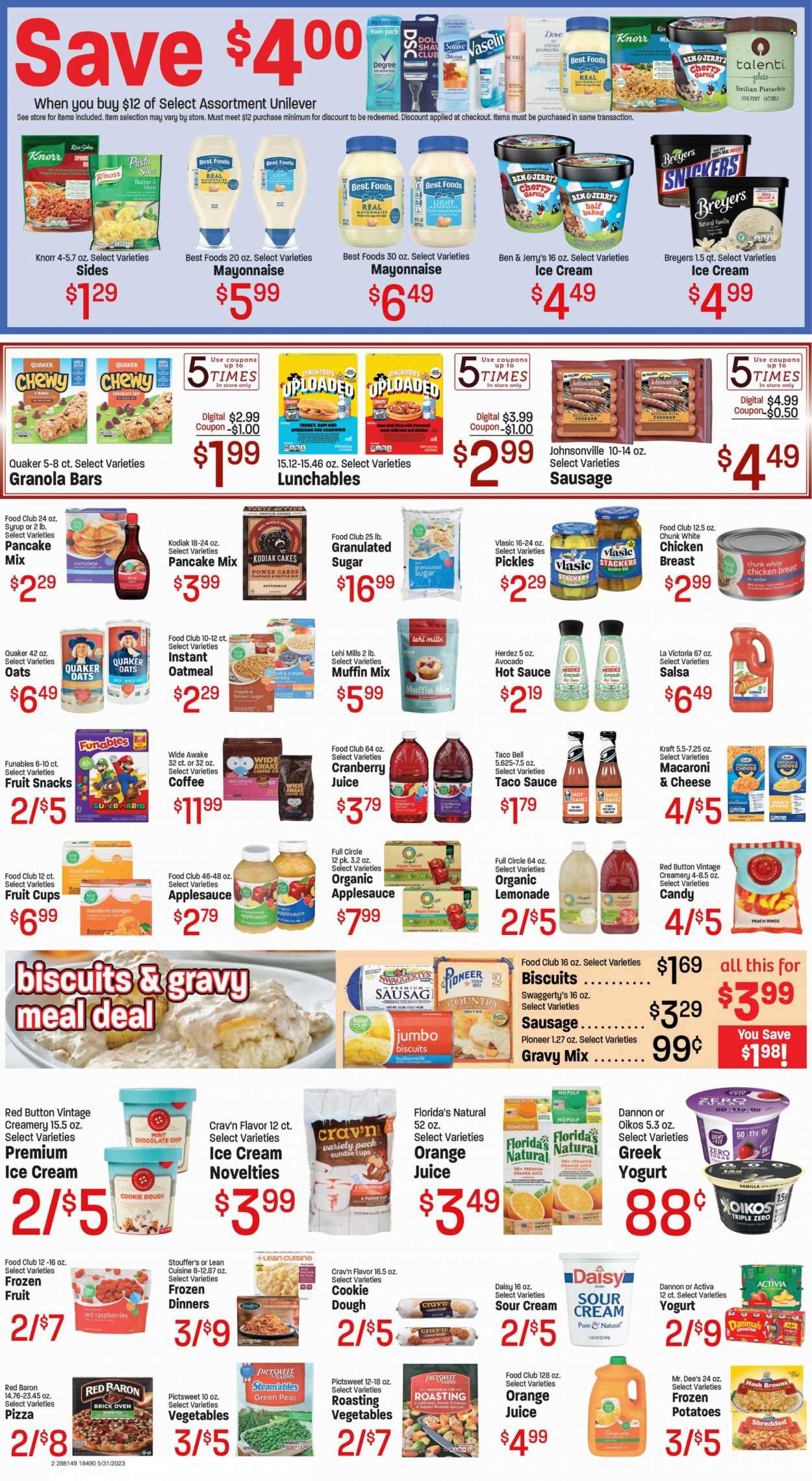 thumbnail - Red Apple Marketplace Flyer - 05/31/2023 - 06/06/2023 - Sales products - cake, muffin mix, pancake mix, sweet potato, brussel sprouts, avocado, mandarines, raspberries, cherries, fruit cup, macaroni & cheese, spaghetti, pizza, sandwich, Knorr, sauce, Quaker, Lean Cuisine, pasta sides, Lunchables, Kraft®, Johnsonville, sausage, greek yoghurt, Activia, Oikos, Dannon, Danimals, buttermilk, cage free eggs, sour cream, mayonnaise, ice cream, Ben & Jerry's, Talenti Gelato, gelato, frozen fruit, Stouffer's, hash browns, Red Baron, Dove, fudge, chocolate chips, Snickers, biscuit, fruit snack, Florida's Natural, Candy, cane sugar, granulated sugar, oatmeal, oats, pickles, granola bar, rice, dill, gravy mix, taco sauce, hot sauce, salsa, apple sauce, syrup, cranberry juice, lemonade, orange juice, juice, water, chicken breasts, chicken, turkey, Suave, Nexxus, Degree. Page 2.