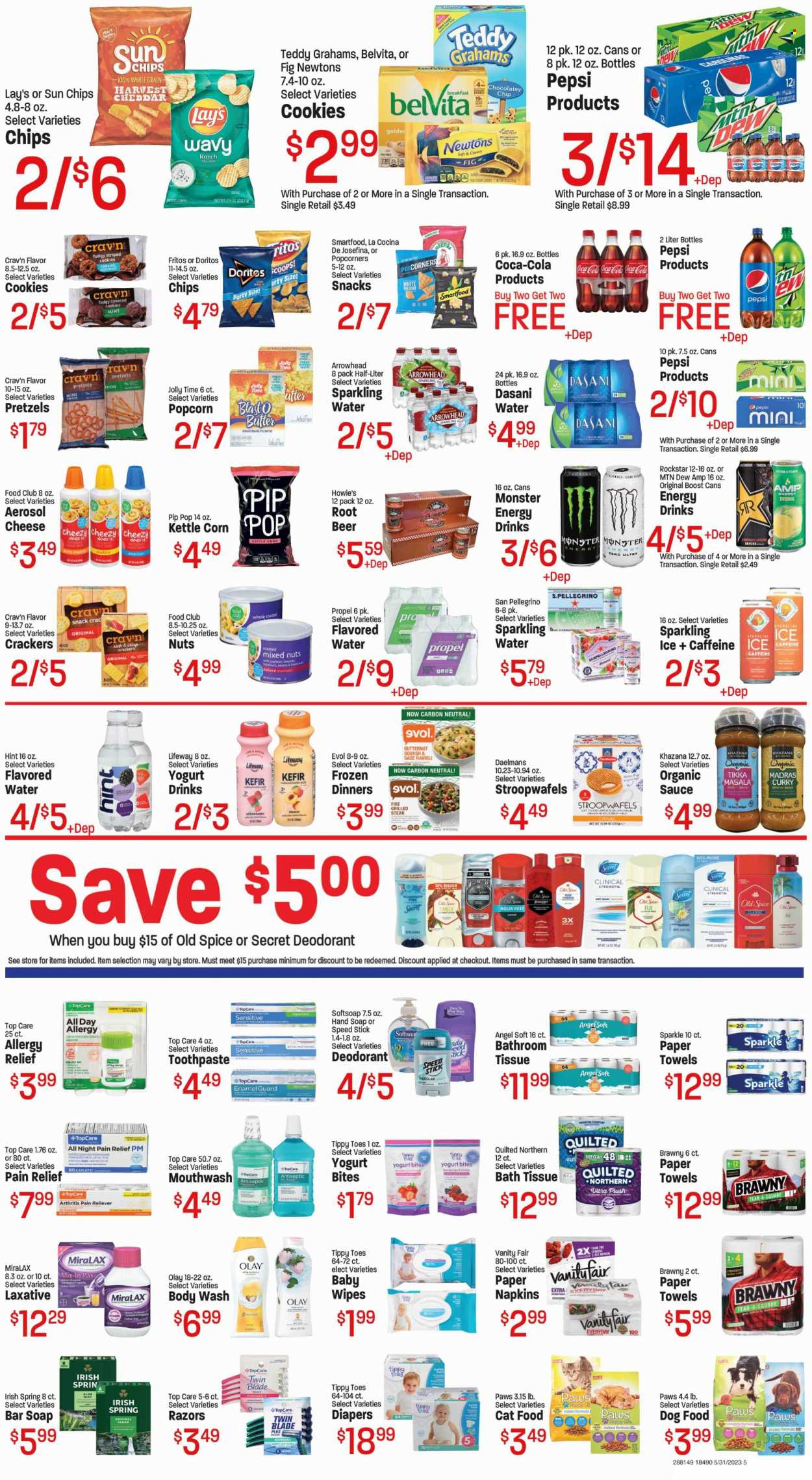 thumbnail - Red Apple Marketplace Flyer - 05/31/2023 - 06/06/2023 - Sales products - pretzels, waffles, butternut squash, ravioli, sauce, Tikka Masala, snack, cheese, milk, yoghurt drink, kefir, cookies, crackers, Doritos, Fritos, kettle corn, potato chips, Lay’s, Smartfood, popcorn, salty snack, belVita, caramel, almonds, cashews, hazelnuts, mixed nuts, Coca-Cola, Mountain Dew, Pepsi, energy drink, Monster, soft drink, Monster Energy, Rockstar, flavored water, sparkling water, San Pellegrino, water, Boost, alcohol, beer, steak, wipes, baby wipes, napkins, nappies, bath tissue, Quilted Northern, kitchen towels, paper towels, body wash, Softsoap, hand soap, Old Spice, soap bar, soap, toothpaste, mouthwash, Olay, anti-perspirant, Speed Stick, deodorant, razor. Page 5.