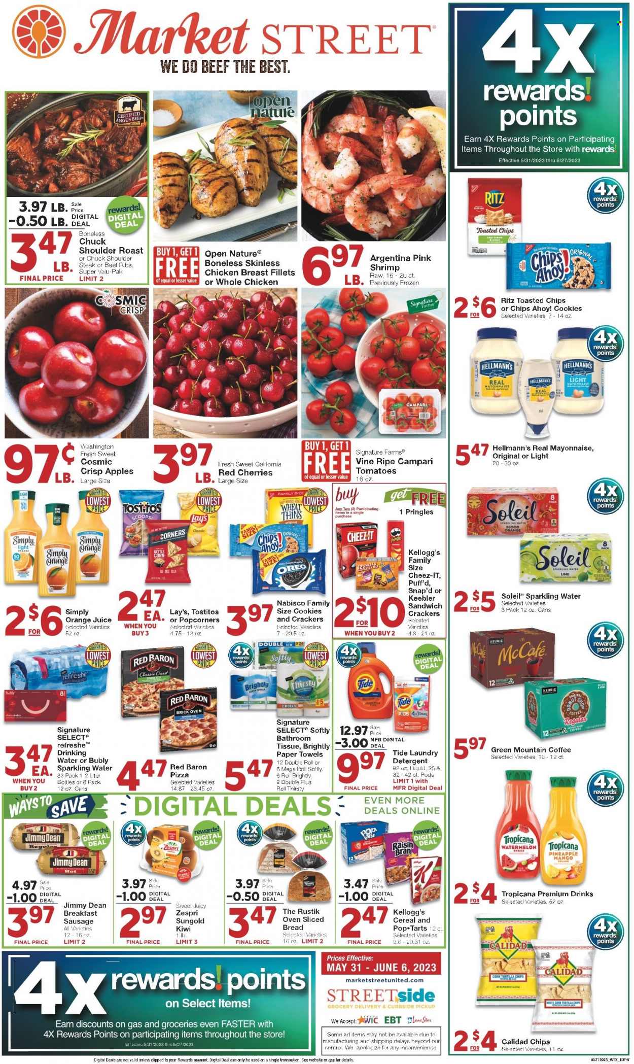 thumbnail - Market Street Flyer - 05/31/2023 - 06/06/2023 - Sales products - bread, apples, watermelon, pineapple, cherries, shrimps, pizza, Jimmy Dean, roast, sausage, Oreo, cage free eggs, Nature Fresh, Hellmann’s, Red Baron, cookies, chocolate chips, crackers, Kellogg's, Pop-Tarts, Chips Ahoy!, Keebler, RITZ, Nabisco, tortilla chips, kettle corn, Pringles, Lay’s, Thins, popcorn, Cheez-It, Tostitos, salty snack, cereals, orange juice, juice, sparkling water, water, coffee, McCafe, Keurig, Green Mountain, whole chicken, chicken breasts, chicken, beef meat, beef ribs, steak, ribs, tissues, kitchen towels, paper towels, detergent, Tide, laundry detergent. Page 1.