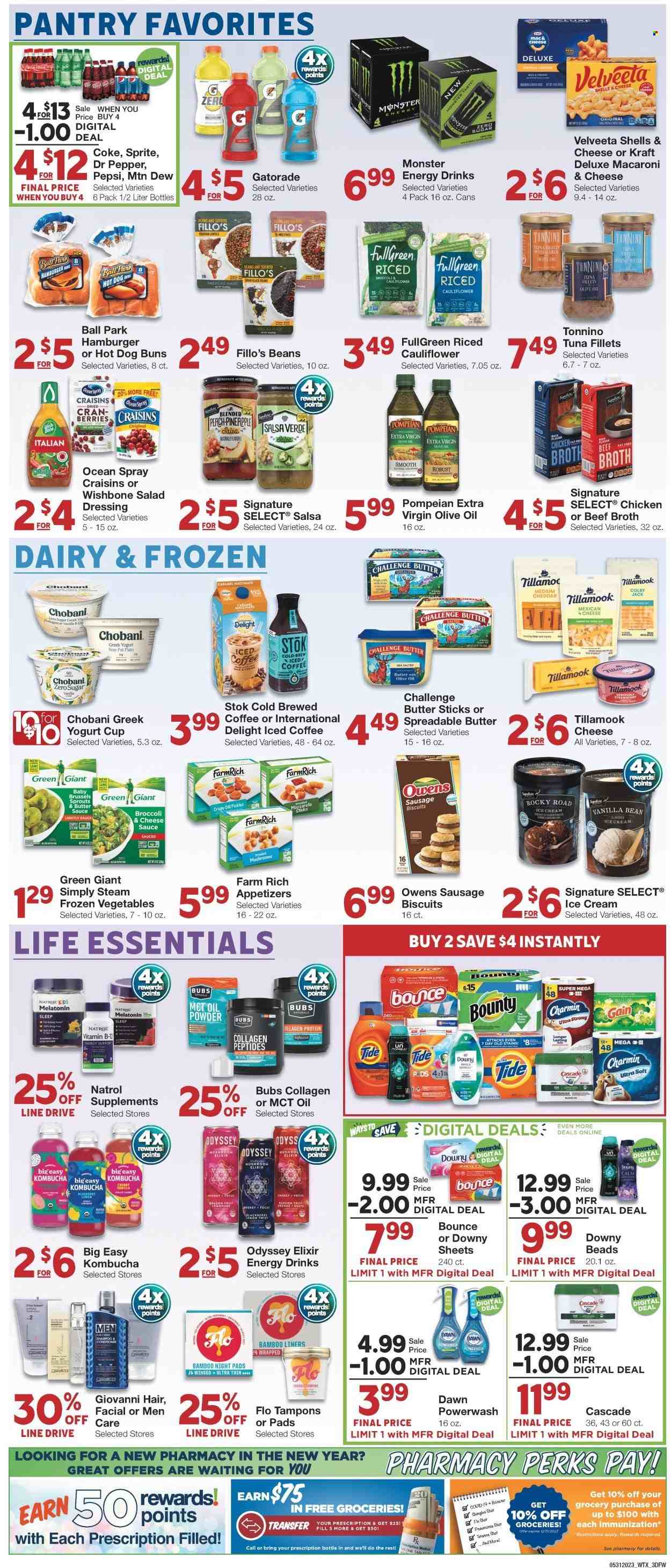 thumbnail - Market Street Flyer - 05/31/2023 - 06/06/2023 - Sales products - mushrooms, buns, broccoli, pineapple, cherries, tuna, perch, macaroni & cheese, Kraft®, ready meal, sausage, Colby cheese, greek yoghurt, Chobani, spreadable butter, ice cream, frozen vegetables, Bounty, biscuit, beef broth, chicken broth, broth, black beans, craisins, pickles, caramel, salad dressing, dressing, salsa, extra virgin olive oil, olive oil, dried fruit, Coca-Cola, Mountain Dew, Sprite, Pepsi, energy drink, Monster, Dr. Pepper, soft drink, Monster Energy, Gatorade, Coke, iced coffee, kombucha, Charmin, Gain, Cascade, Tide, Downy Laundry, tampons, Natrol, electrolyte drink. Page 3.