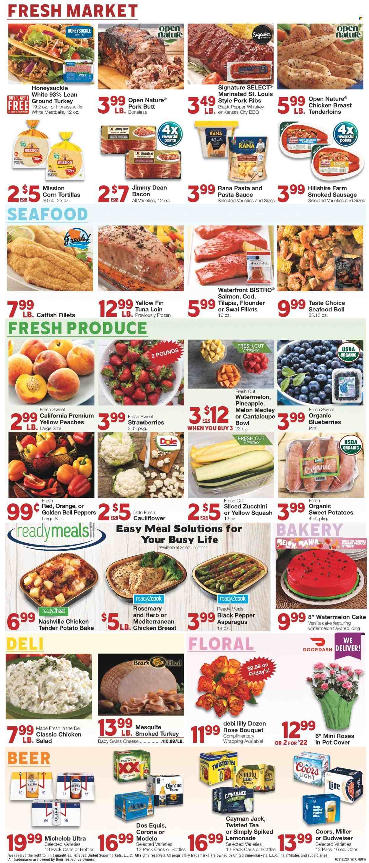 thumbnail - Market Street Flyer - 05/31/2023 - 06/06/2023 - Sales products - corn tortillas, tortillas, cake, asparagus, bell peppers, cauliflower, sweet potato, zucchini, salad, Dole, peppers, yellow squash, blueberries, strawberries, peaches, catfish, cod, flounder, salmon, salmon fillet, tilapia, tuna, seafood, seafood boil, swai fillet, pasta sauce, meatballs, sauce, Rana, Jimmy Dean, bacon, Hillshire Farm, smoked sausage, swiss cheese, cheese, rosemary, black pepper, herbs, lemonade, ice tea, water, alcohol, whiskey, whisky, Corona Extra, Lager, Modelo, ground turkey, chicken breasts, chicken, turkey, ribs, pork meat, pork ribs, pork butt, bowl, bouquet, rose, Budweiser, melons, Coors, Dos Equis, Twisted Tea, Michelob. Page 6.
