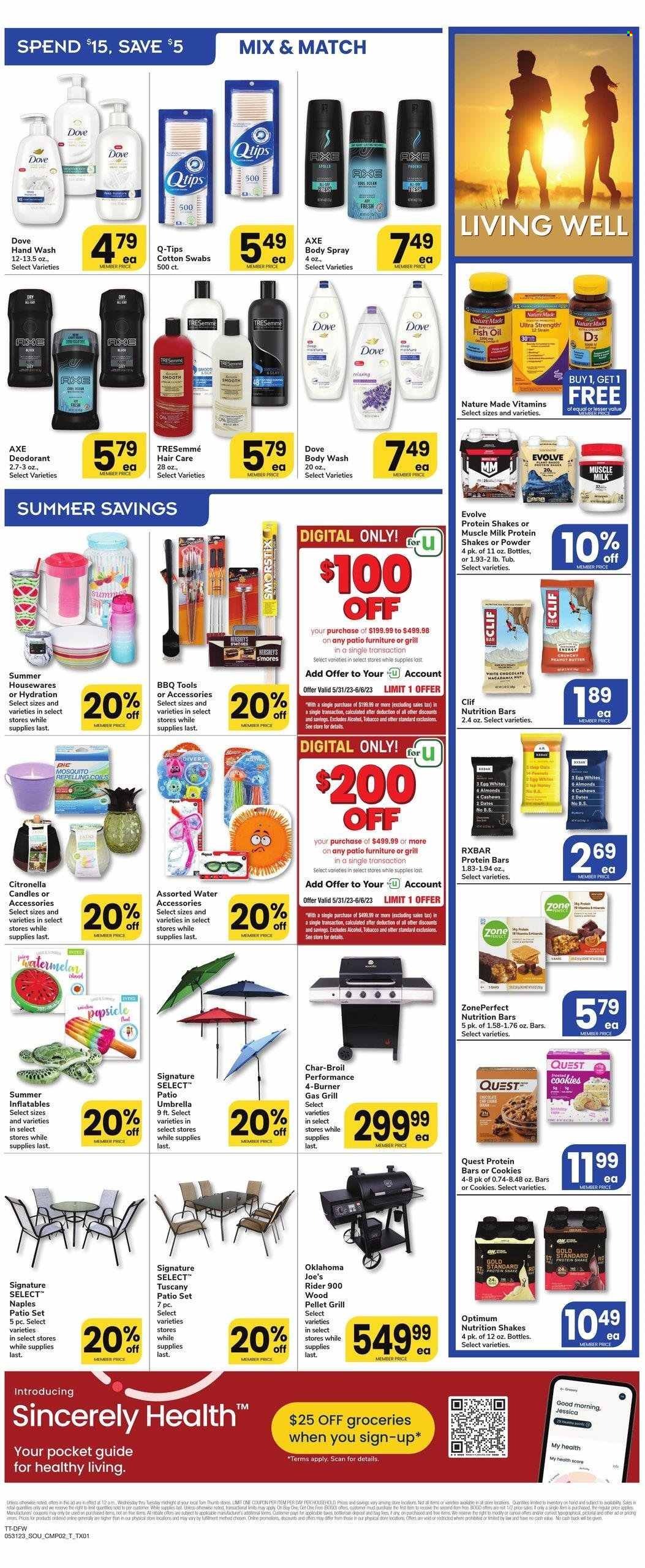 thumbnail - Tom Thumb Flyer - 05/31/2023 - 06/06/2023 - Sales products - watermelon, protein drink, shake, muscle milk, eggs, Hershey's, cookies, Dove, chocolate, oats, nutrition bar, protein bar, honey, peanut butter, peanuts, water, body wash, hand wash, TRESemmé, body spray, anti-perspirant, deodorant, Axe. Page 6.