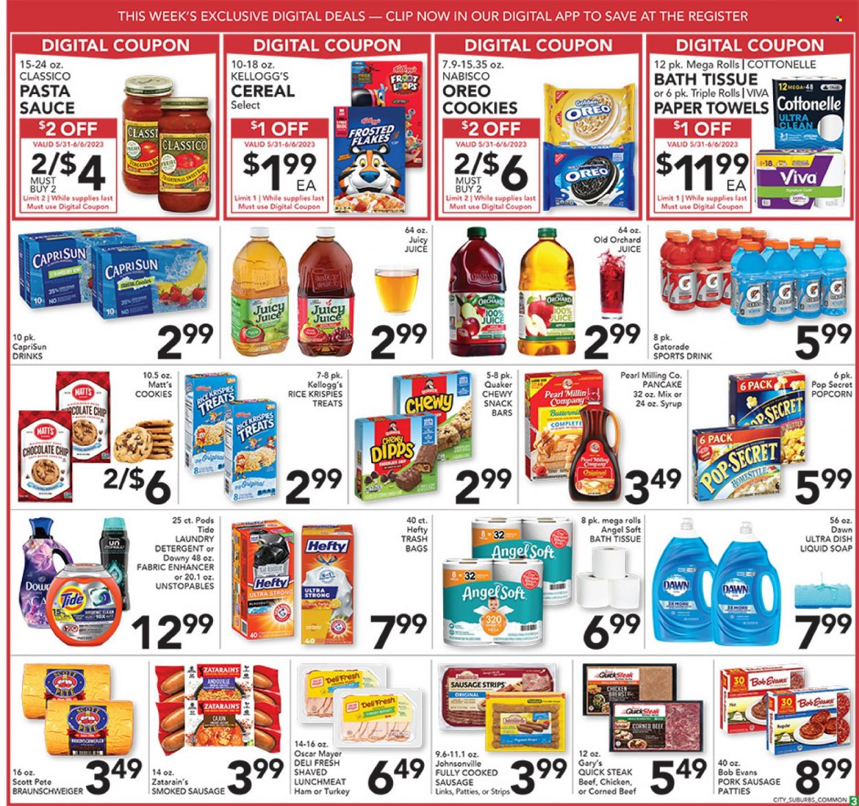 thumbnail - Pete's Fresh Market Flyer - 05/31/2023 - 06/06/2023 - Sales products - pasta sauce, sauce, pancakes, Quaker, Bob Evans, ham, snack, Johnsonville, Oscar Mayer, sausage, smoked sausage, pork sausage, lunch meat, corned beef, Oreo, strips, cookies, chocolate chips, Kellogg's, snack bar, Nabisco, popcorn, cereals, Rice Krispies, Frosted Flakes, Classico, syrup, juice, Gatorade, chicken, turkey, beef meat, steak, sausage patties. Page 3.