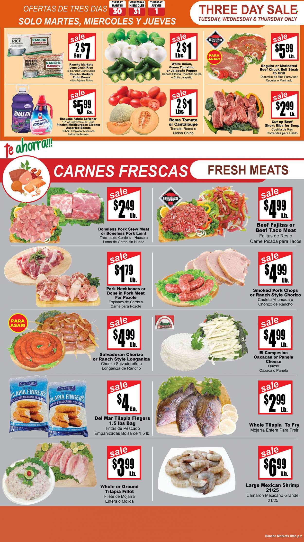 thumbnail - Rancho Markets Flyer - 05/30/2023 - 06/05/2023 - Sales products - stew meat, beans, tomatillo, tomatoes, tilapia, fish, shrimps, fish fingers, fish sticks, soup, fajita, chorizo, cheese, Panela cheese, Mexicano, pinto beans, rice, long grain rice, beef ribs, steak, chuck steak, marinated beef, ribs, pork chops, pork meat, cleaner, fabric softener, melons. Page 2.