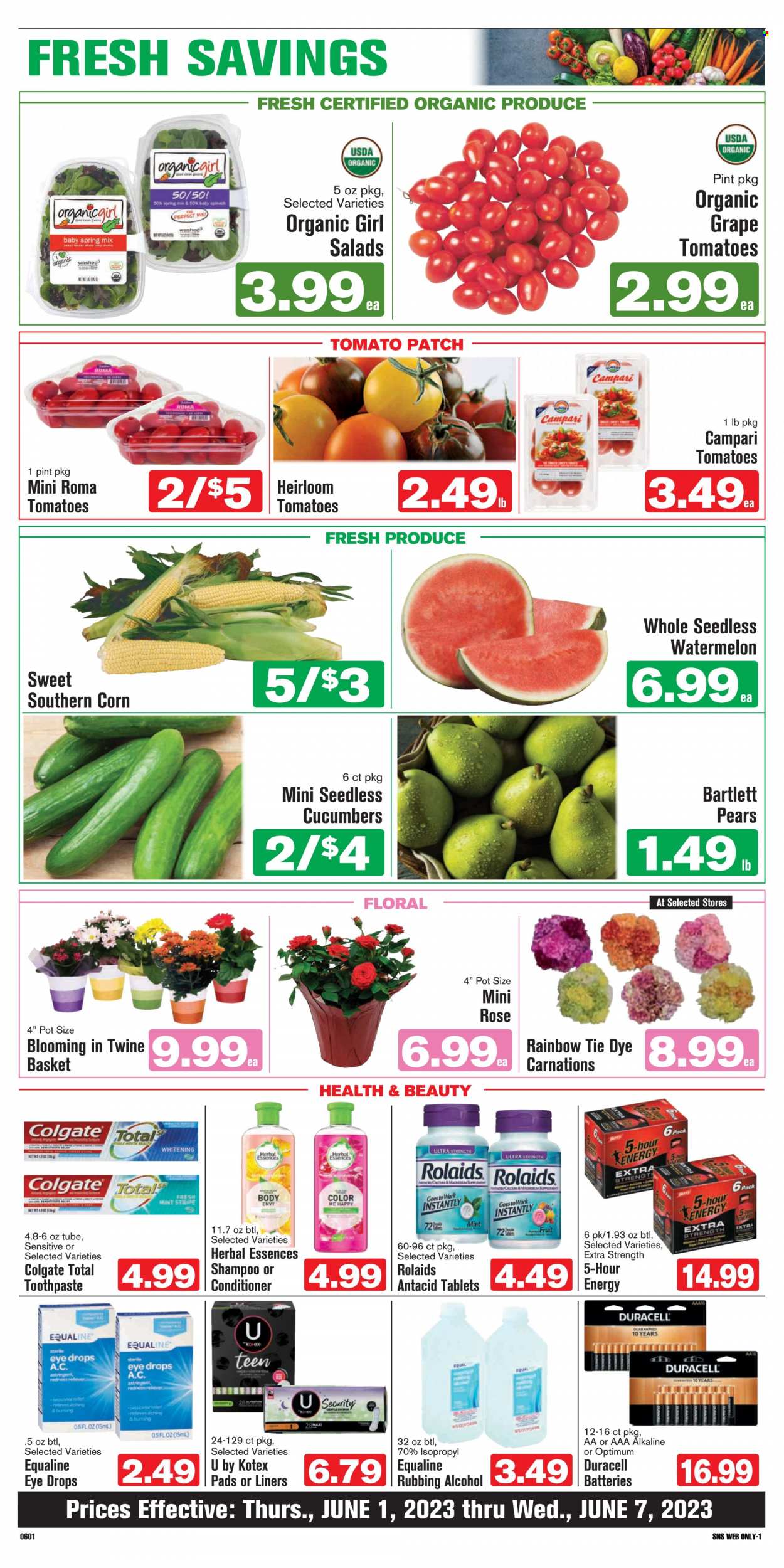 thumbnail - Shop ‘n Save Flyer - 06/01/2023 - 06/07/2023 - Sales products - corn, cucumber, spinach, tomatoes, Bartlett pears, watermelon, pears, shampoo, Colgate, toothpaste, conditioner, Herbal Essences, Optimum, calcium, magnesium, eye drops, Antacid. Page 3.