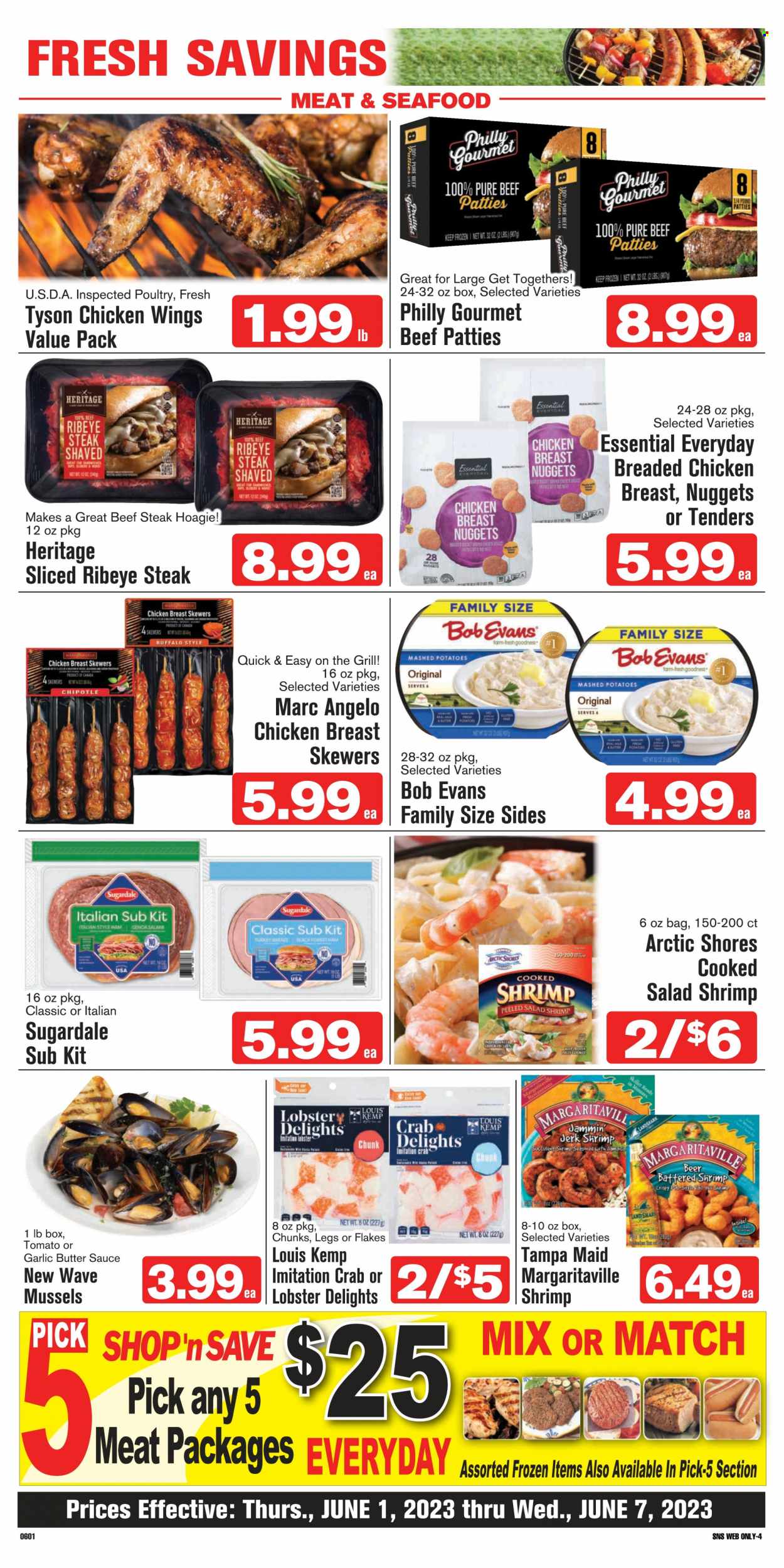 thumbnail - Shop ‘n Save Flyer - 06/01/2023 - 06/07/2023 - Sales products - turkey breast, chicken breasts, chicken wings, turkey, beef meat, beef steak, steak, ribeye steak, Bob Evans, lobster, mussels, seafood, shrimps, Arctic Shores, crab sticks, mashed potatoes, nuggets, sauce, fried chicken, chicken nuggets, Sugardale, salami, ham, alcohol, beer, WAVE. Page 6.