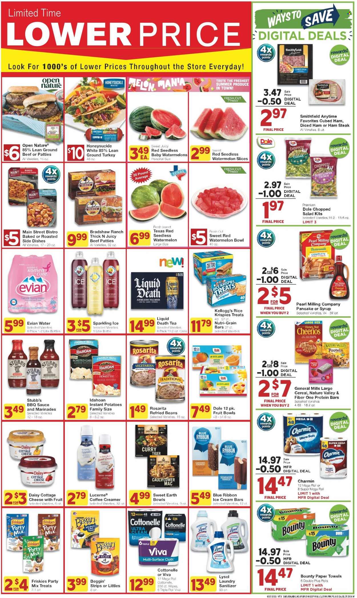 thumbnail - United Supermarkets Flyer - 05/31/2023 - 06/06/2023 - Sales products - cauliflower, salad, Dole, chopped salad, mandarines, watermelon, cherries, oranges, fruit cup, ground turkey, turkey, beef meat, ground beef, steak, mashed potatoes, sauce, pancakes, cottage cheese, cheese, buttermilk, creamer, ice cream, ice cream bars, strips, marshmallows, Bounty, Kellogg's, General Mills, oats, refried beans, cereals, Cheerios, protein bar, Rice Krispies, Nature Valley, Fiber One, Nutri-Grain, BBQ sauce, juice, Fanta, ice tea, spring water, flavored water, Evian, water, wipes, Cottonelle, kitchen towels, paper towels, Charmin, bleach, Lysol, laundry detergent, Purina, Beggin', Friskies, melons. Page 2.