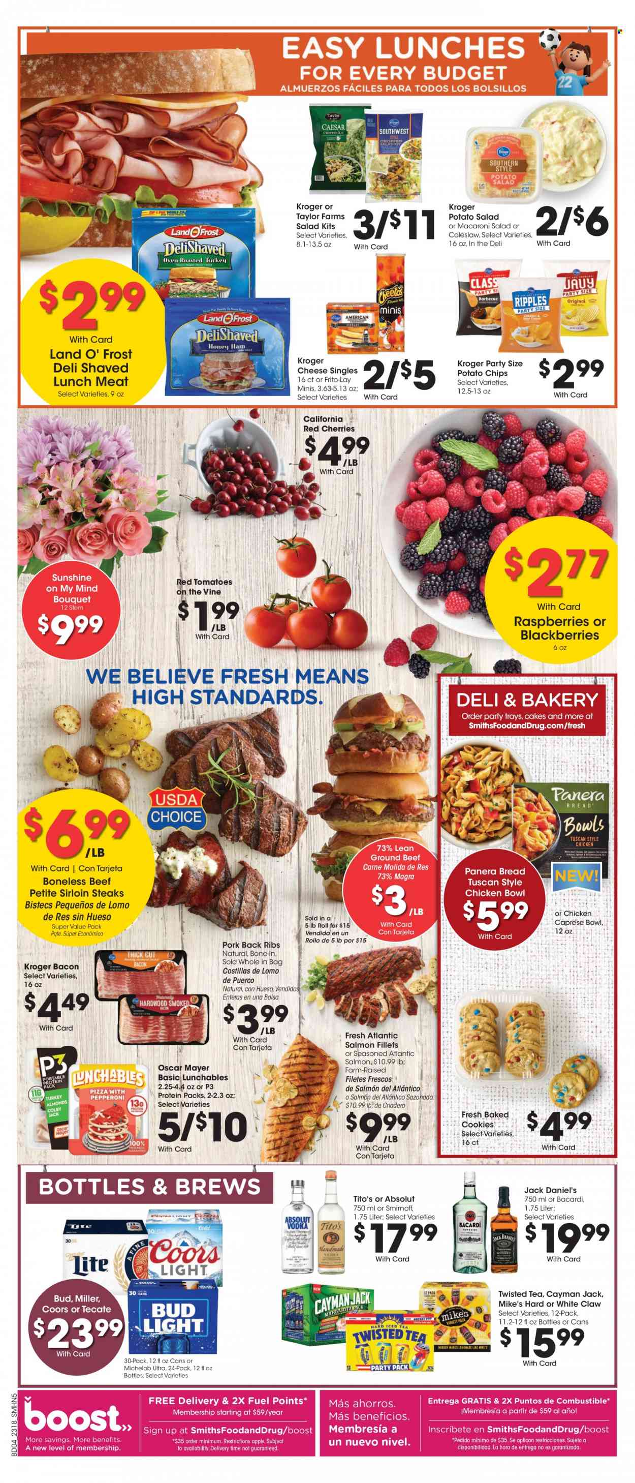 thumbnail - Smith's Flyer - 05/31/2023 - 06/06/2023 - Sales products - bread, cake, tomatoes, blackberries, raspberries, cherries, salmon, salmon fillet, coleslaw, Jack Daniel's, Lunchables, Oscar Mayer, potato salad, macaroni salad, lunch meat, cookies, potato chips, chips, Frito-Lay, ice tea, sparkling water, Boost, Bacardi, Smirnoff, vodka, Absolut, White Claw, beer, beef meat, ground beef, steak, sirloin steak, ribs, pork meat, pork ribs, pork back ribs, Coors, Twisted Tea, Michelob. Page 4.