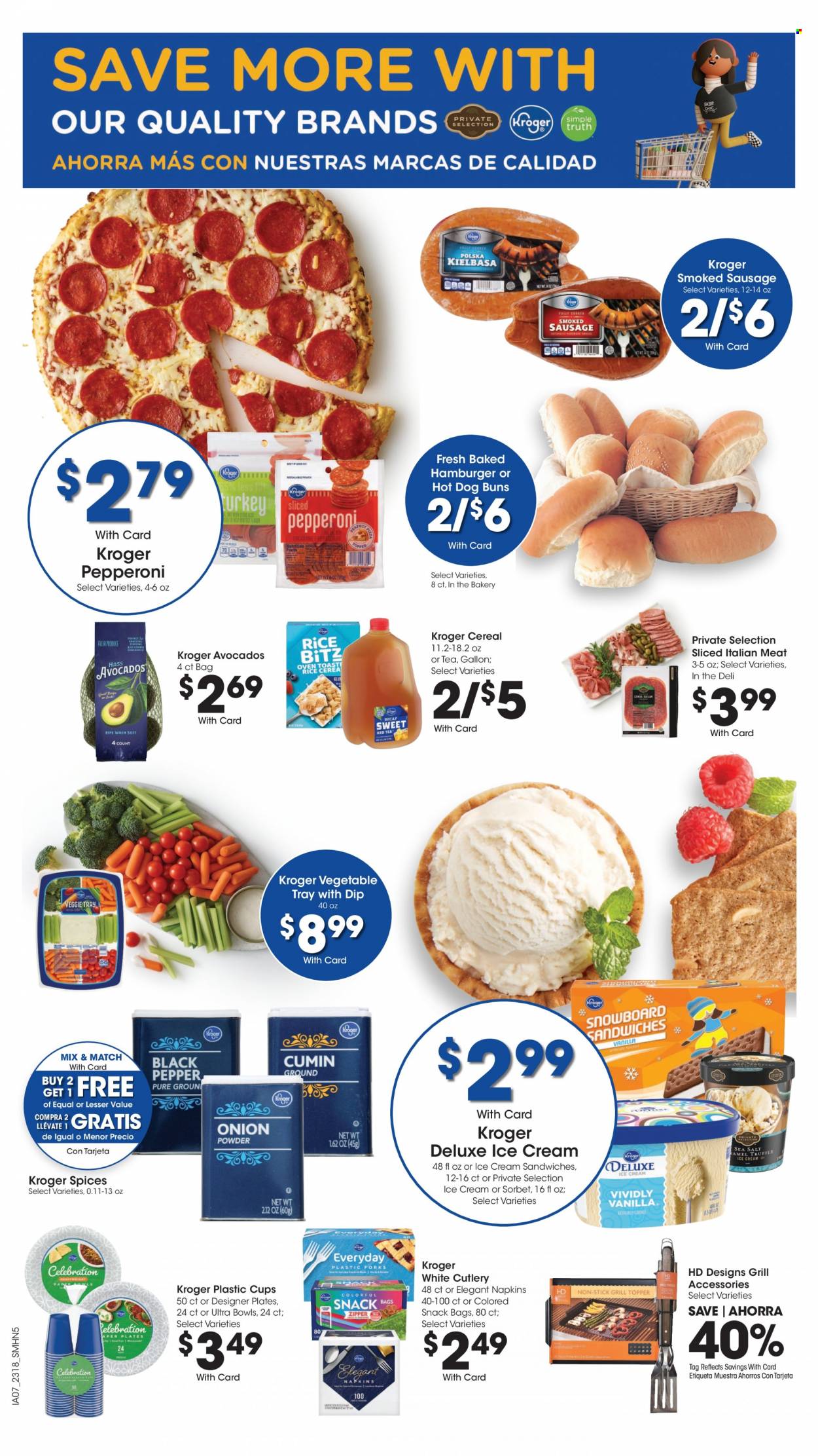 thumbnail - Smith's Flyer - 05/31/2023 - 06/06/2023 - Sales products - buns, avocado, sausage, smoked sausage, pepperoni, dip, ice cream sandwich, sorbet, cereals, tea, napkins, gallon, tray, plate, plastic cup, grill accessories. Page 5.