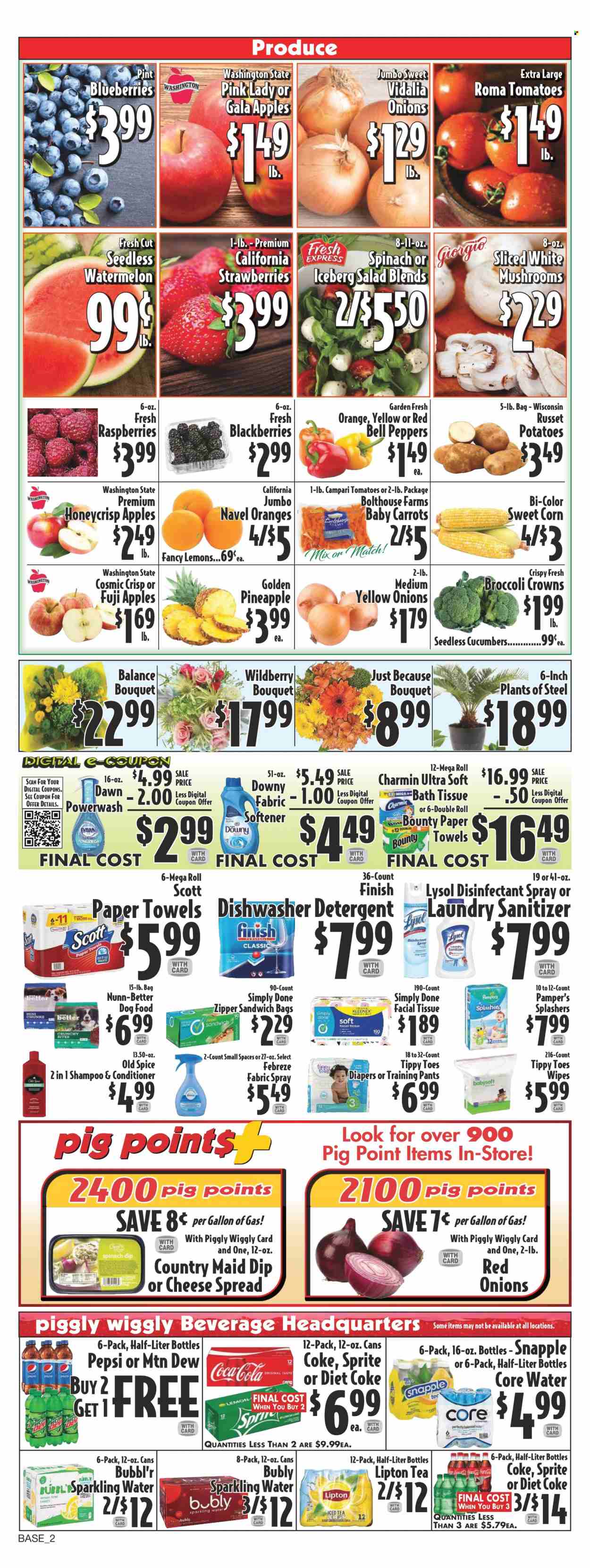 thumbnail - Piggly Wiggly Flyer - 05/31/2023 - 06/06/2023 - Sales products - mushrooms, bell peppers, carrots, corn, cucumber, red onions, russet potatoes, tomatoes, potatoes, onion, salad, peppers, sweet corn, apples, blackberries, blueberries, Gala, raspberries, strawberries, watermelon, pineapple, Fuji apple, Pink Lady, cheese spread, dip, Bounty, Coca-Cola, Mountain Dew, Sprite, Pepsi, Lipton, Diet Coke, soft drink, Snapple, Coke, sparkling water, water, tea, lemons, navel oranges. Page 2.