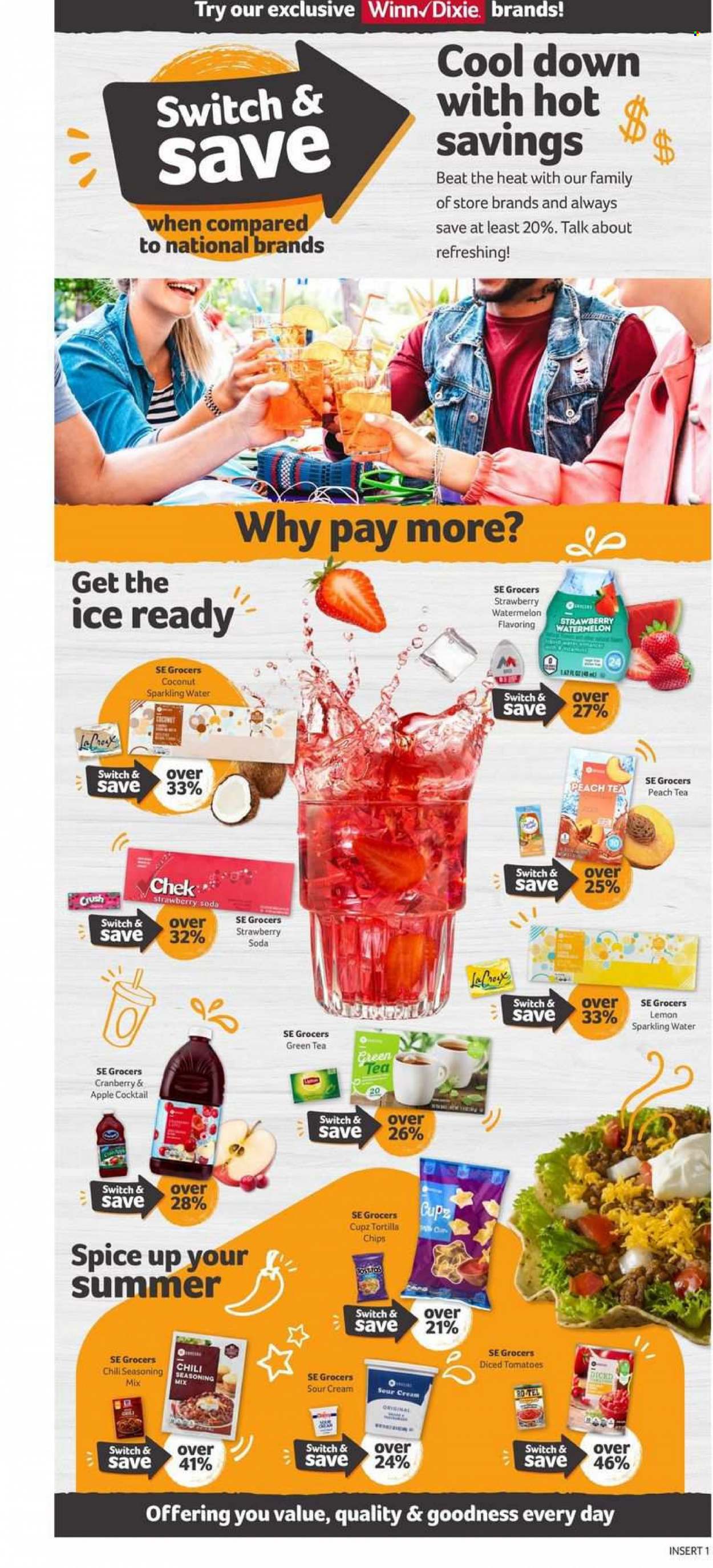 thumbnail - Winn Dixie Flyer - 05/31/2023 - 06/06/2023 - Sales products - watermelon, coconut, sour cream, tortilla chips, chips, diced tomatoes, spice, switch, soda, sparkling water, water, green tea, tea, cocktail. Page 2.