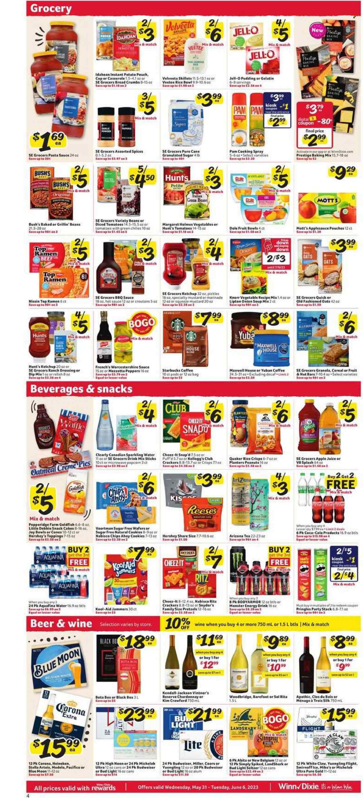 thumbnail - Winn Dixie Flyer - 05/31/2023 - 06/06/2023 - Sales products - pretzels, cake, breadcrumbs, green beans, Dole, fruit cup, Mott's, ramen, pasta sauce, onion soup, soup mix, soup, Knorr, sauce, Top Ramen, Quaker, Nissin, snack, cheese, pudding, Silk, ranch dressing, Reese's, Hershey's, cookies, wafers, crackers, Kellogg's, RITZ, Nabisco, Pringles, popcorn, Goldfish, Cheez-It, rice crisps, salty snack, croutons, granulated sugar, oatmeal, Jell-O, baking mix, pickles, baked beans, diced tomatoes, cereals, granola, nut bar, BBQ sauce, mustard, worcestershire sauce, hot sauce, ketchup, dressing, marinade, cooking spray, apple sauce, peanuts, Planters, apple juice, Coca-Cola, lemonade, juice, energy drink, Monster, Lipton, soft drink, Monster Energy, AriZona, Aquafina, sparkling water, water, powder drink, Maxwell House, tea, coffee, Starbucks, white wine, Chardonnay, wine, alcohol, Woodbridge, Kim Crawford, Smirnoff, White Claw, Hard Seltzer, Stella Artois, Bud Light, Corona Extra, Heineken, Modelo, chicken, Joy, casserole, plant pot, Budweiser, Coors, Blue Moon, Yuengling, Michelob. Page 5.