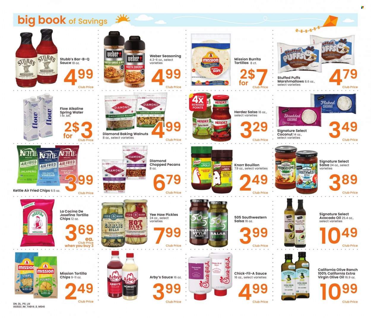 thumbnail - Safeway Flyer - 05/30/2023 - 06/26/2023 - Sales products - flour tortillas, puffs, jalapeño, mango, coconut, chicken, Knorr, sauce, burrito, strips, marshmallows, milk chocolate, chocolate, tortilla chips, potato chips, chips, bouillon, pickles, spice, salsa, avocado oil, extra virgin olive oil, olive oil, Kaya, flaked coconut, walnuts, pecans, shredded coconut, spring water, water, Weber. Page 18.