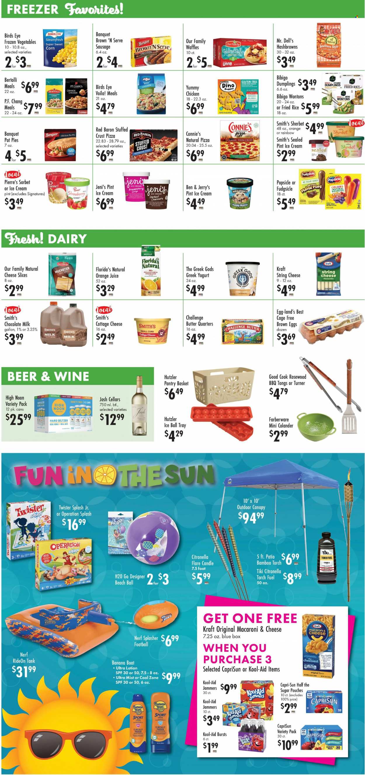 thumbnail - Buehler's Flyer - 05/31/2023 - 06/06/2023 - Sales products - bread, pie, pot pie, macaroons, waffles, corn, garlic, sweet corn, grapefruits, watermelon, pineapple, cherries, macaroni & cheese, pizza, nuggets, chicken nuggets, dumplings, Bird's Eye, Yummy Dino Buddies, Kraft®, Bertolli, sausage, Brown 'N Serve, cottage cheese, sliced cheese, string cheese, cheese, Münster cheese, greek yoghurt, milk, eggs, cage free eggs, Ben & Jerry's, sorbet, frozen vegetables, hash browns, Red Baron, fudge, milk chocolate, Florida's Natural, Smith's, penne, honey, orange juice, juice, fruit punch, powder drink, wine, alcohol, vodka, Hard Seltzer, beer, chicken, body lotion, colander, tong, tray, candle, Nerf, tank, beach ball, monkey, Twister, boat, basket, Go!. Page 3.