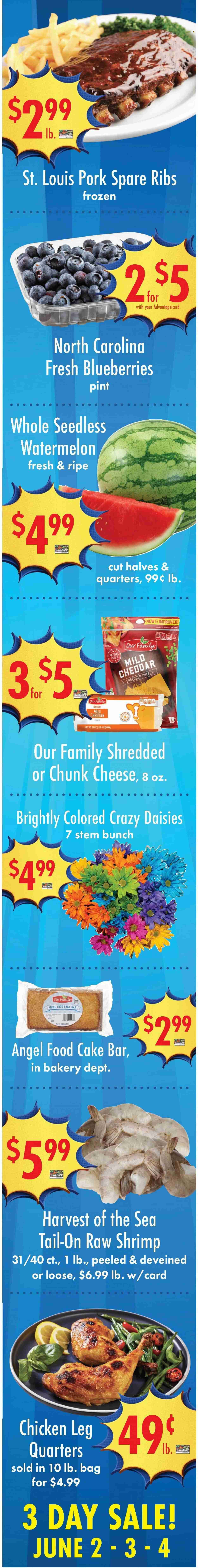 thumbnail - Buehler's Flyer - 05/31/2023 - 06/06/2023 - Sales products - cake, Angel Food, blueberries, watermelon, shrimps, mild cheddar, shredded cheese, cheddar, cheese, chunk cheese, Milo, chicken legs, chicken, ribs, pork meat, pork ribs, pork spare ribs. Page 6.